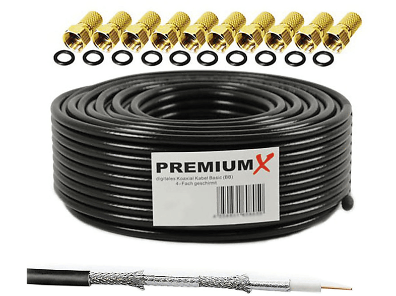 PREMIUMX 50m BASIC Koaxialkabel schwarz 135dB 4-fach SAT Kabel 10x F-Stecker Antennenkabel