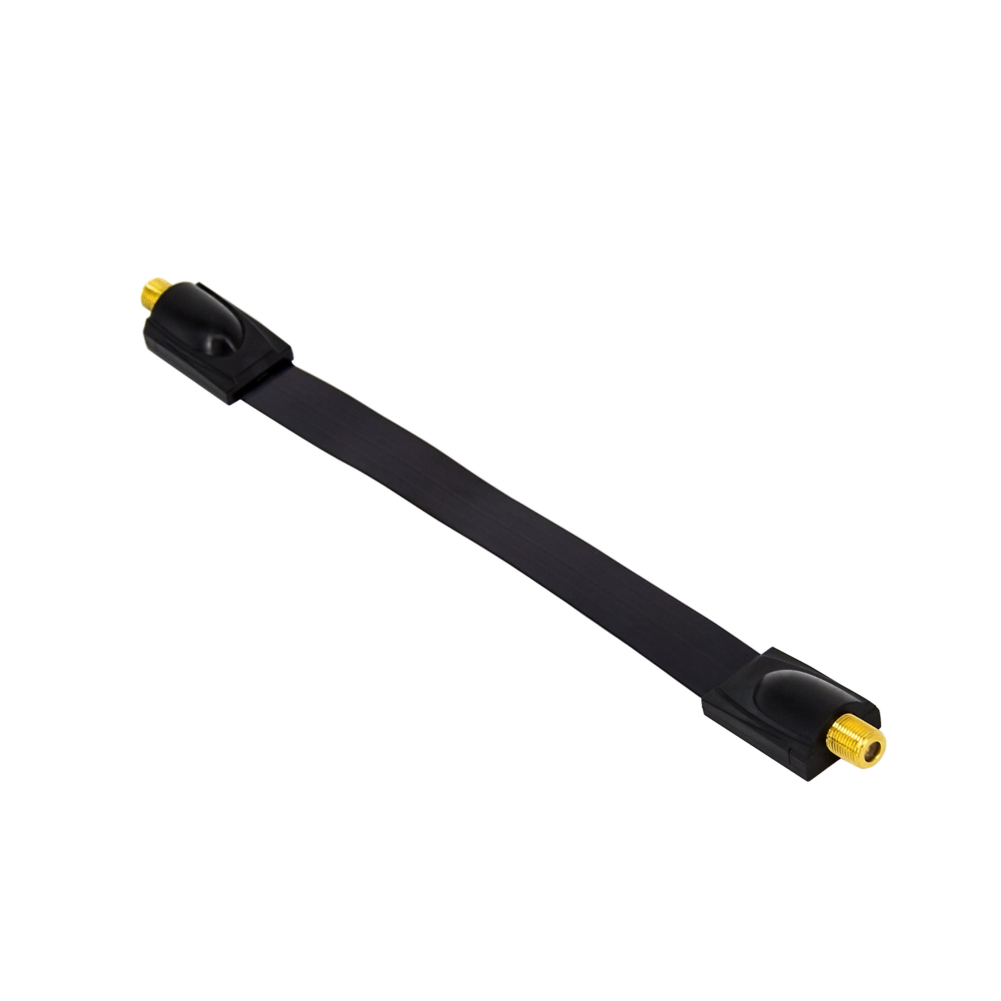 Schwarzes Flachkabel mit goldenen Steckern an beiden Enden.