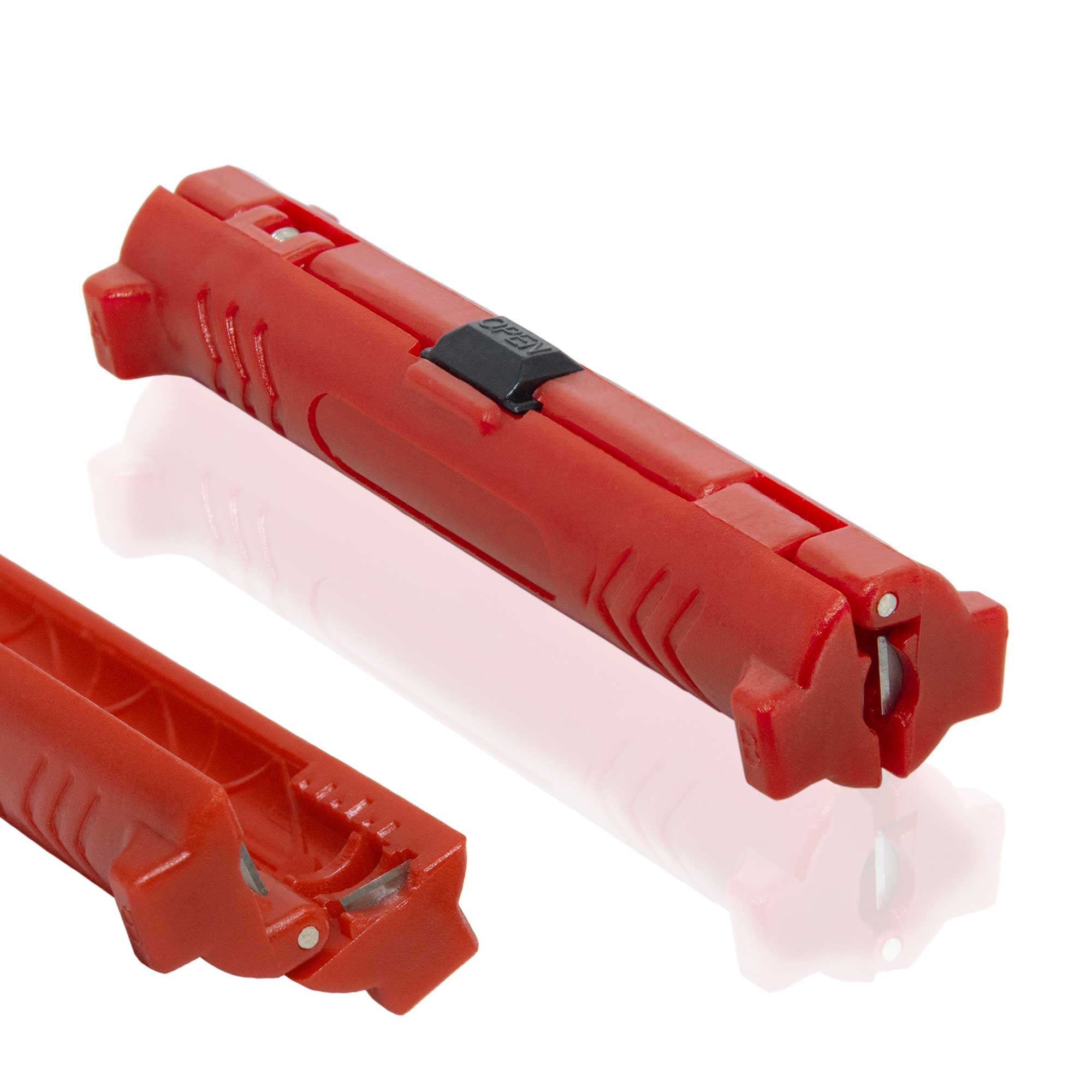 Roter Kabelabisolierer mit schwarzem Knopf und offenem Bereich.