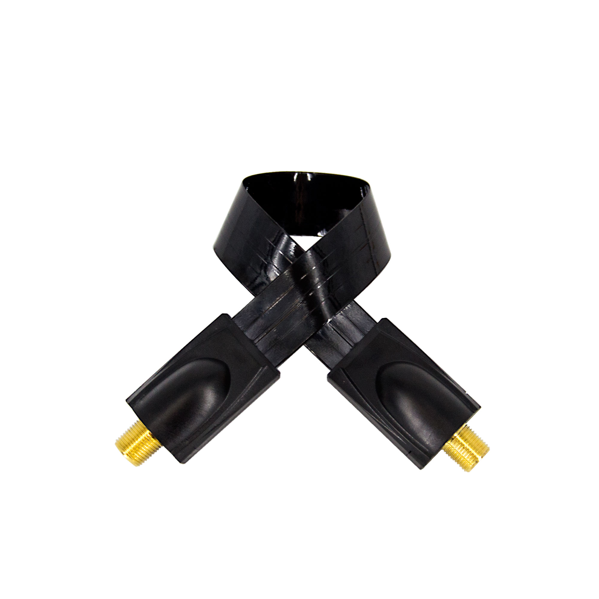 Ein schwarzes flexibles Kabel mit Goldsteckern, bogenförmig.
