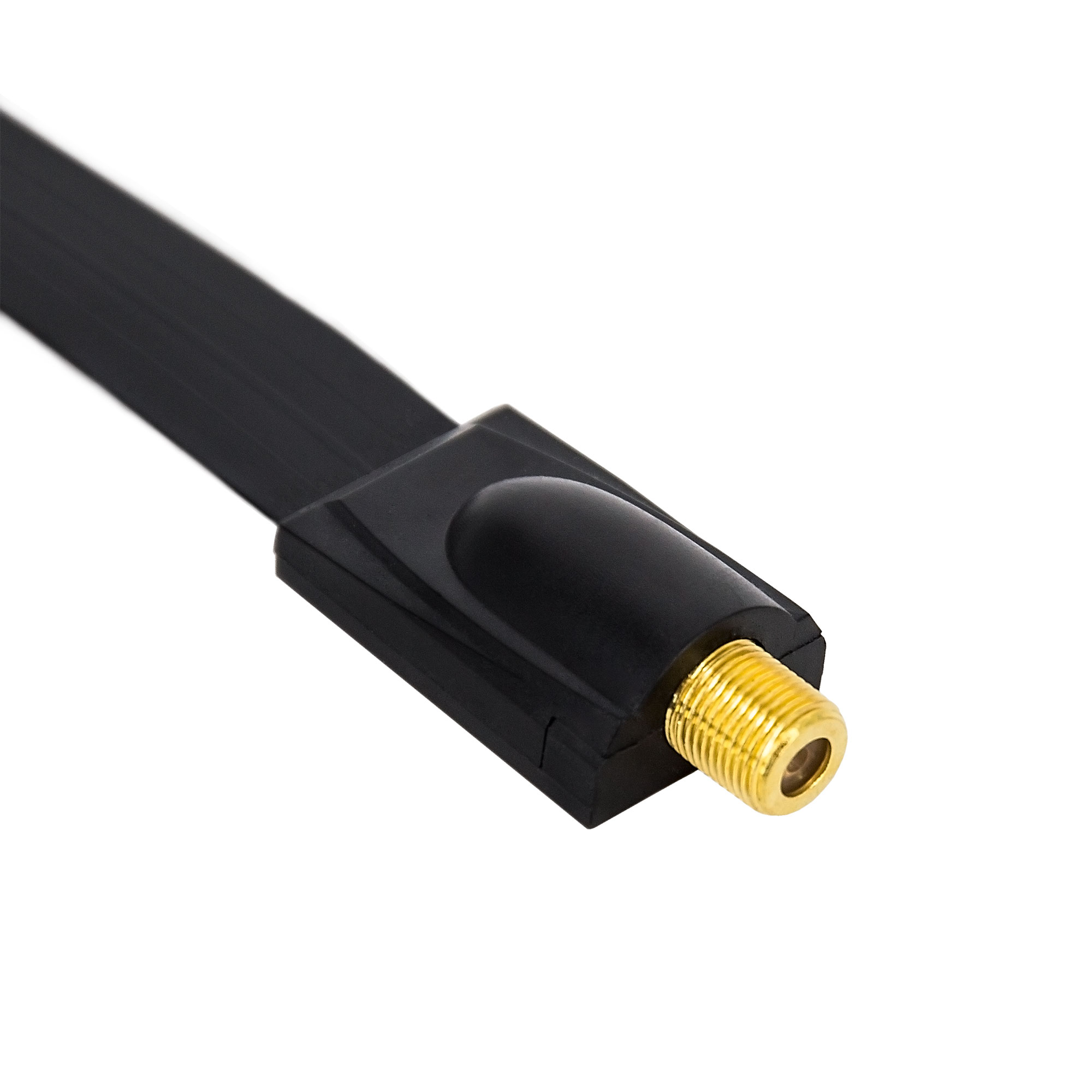 Schwarzes Flachkabel mit schwarzem Stecker und goldfarbenem Stecker auf Weiß.
