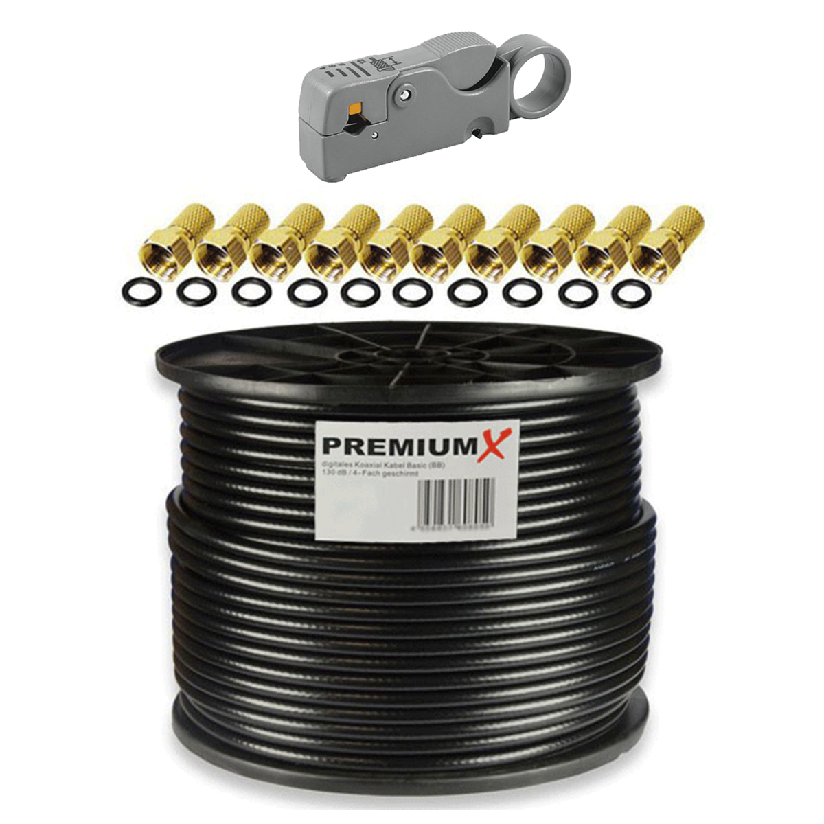 Eine schwarze Kabeltrommel, goldfarbene Stecker, Kabelabisolierer und schwarze Gummiringe. Weißer Hintergrund.
