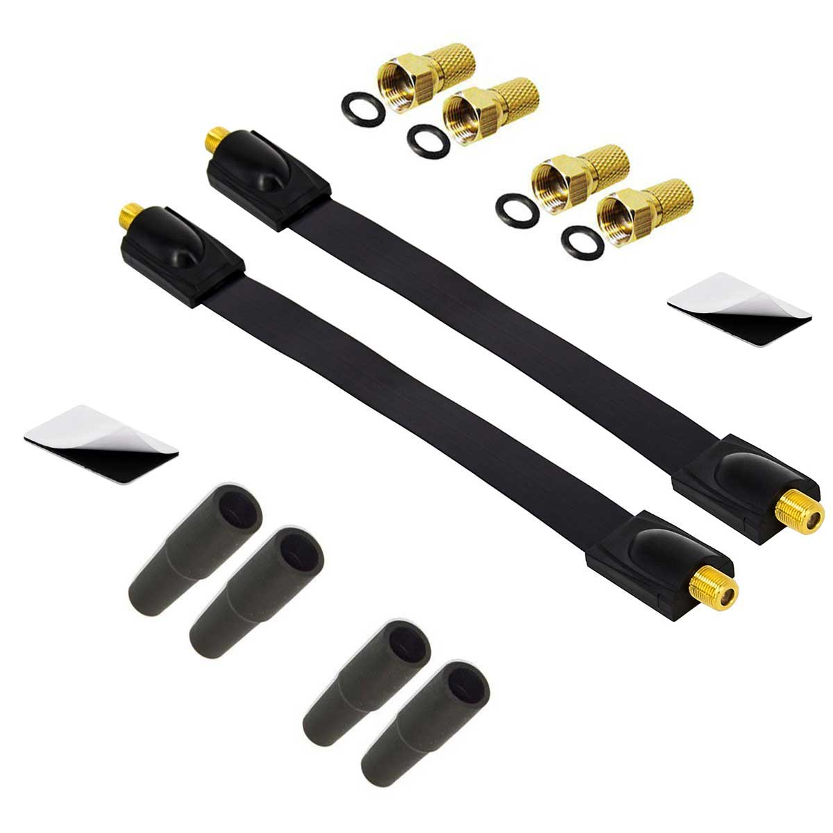 Flache schwarze Kabel mit goldenen Steckern und schwarzen Hülsen.