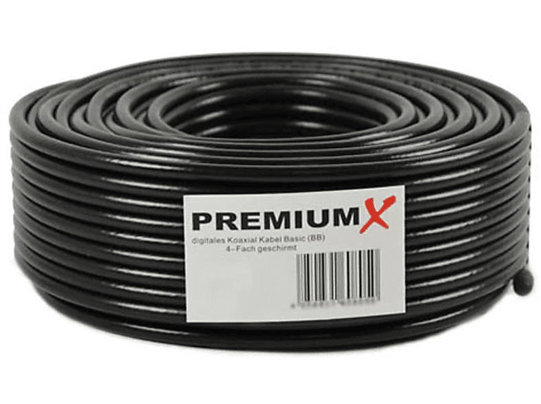 PREMIUMX 50m BASIC Koaxialkabel 135dB 4-fach SAT CCS Antennenkabel Kabel schwarz