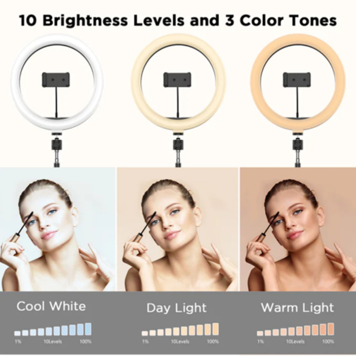 Drei Ringlichter mit unterschiedlichen Farbtönen und drei Frauen, die unter jedem Licht Mascara auftragen.
