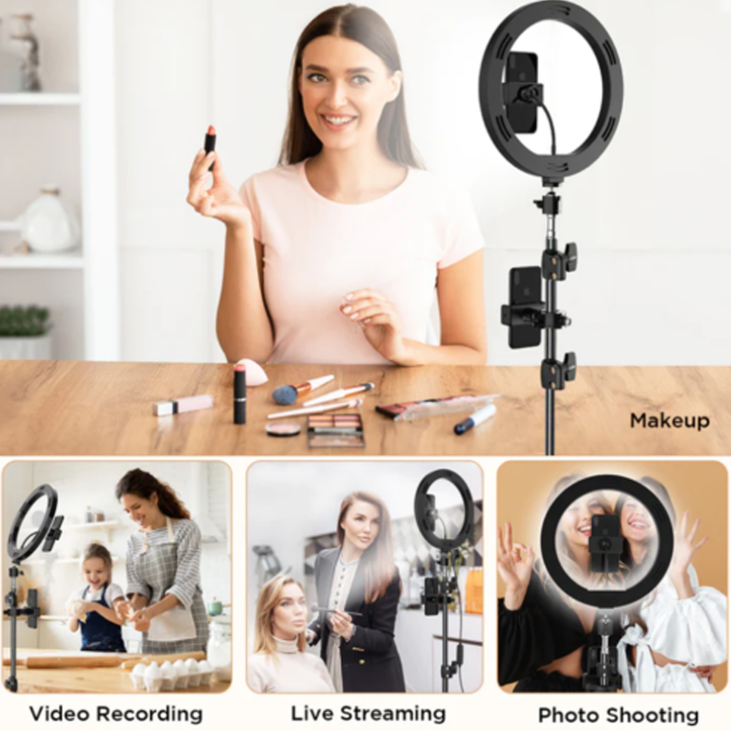 Eine Frau benutzt ein Ringlicht für Make-up, Videoaufnahmen, Live-Streaming und Fotoshootings.