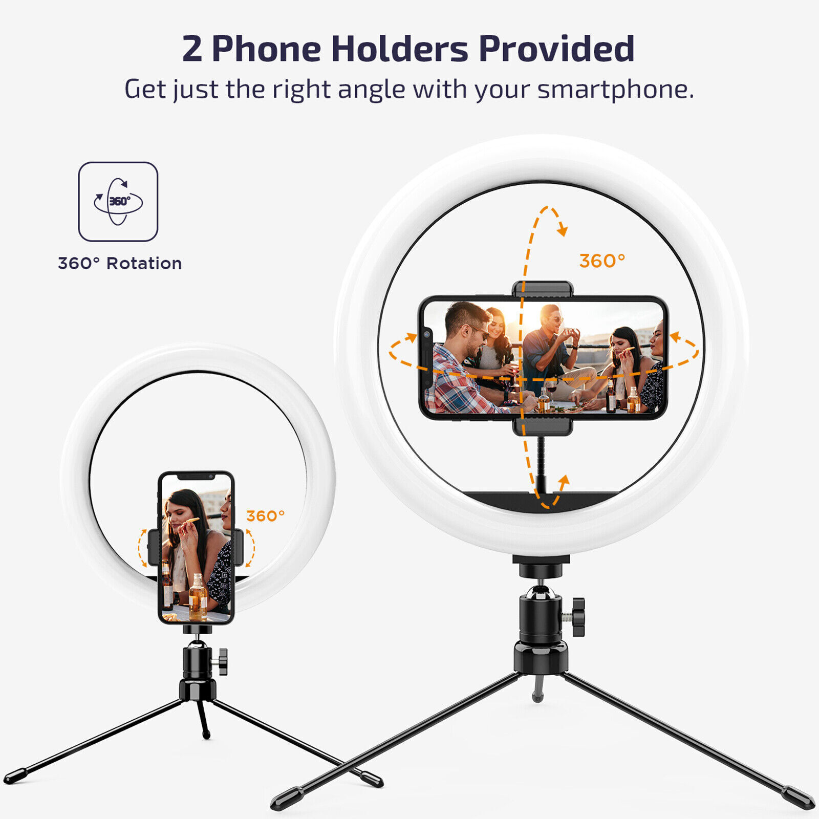 Zwei Ringlichter mit jeweils einem Telefon. Eines zeigt Personen um einen Tisch. Pfeile zeigen 360° Drehung.