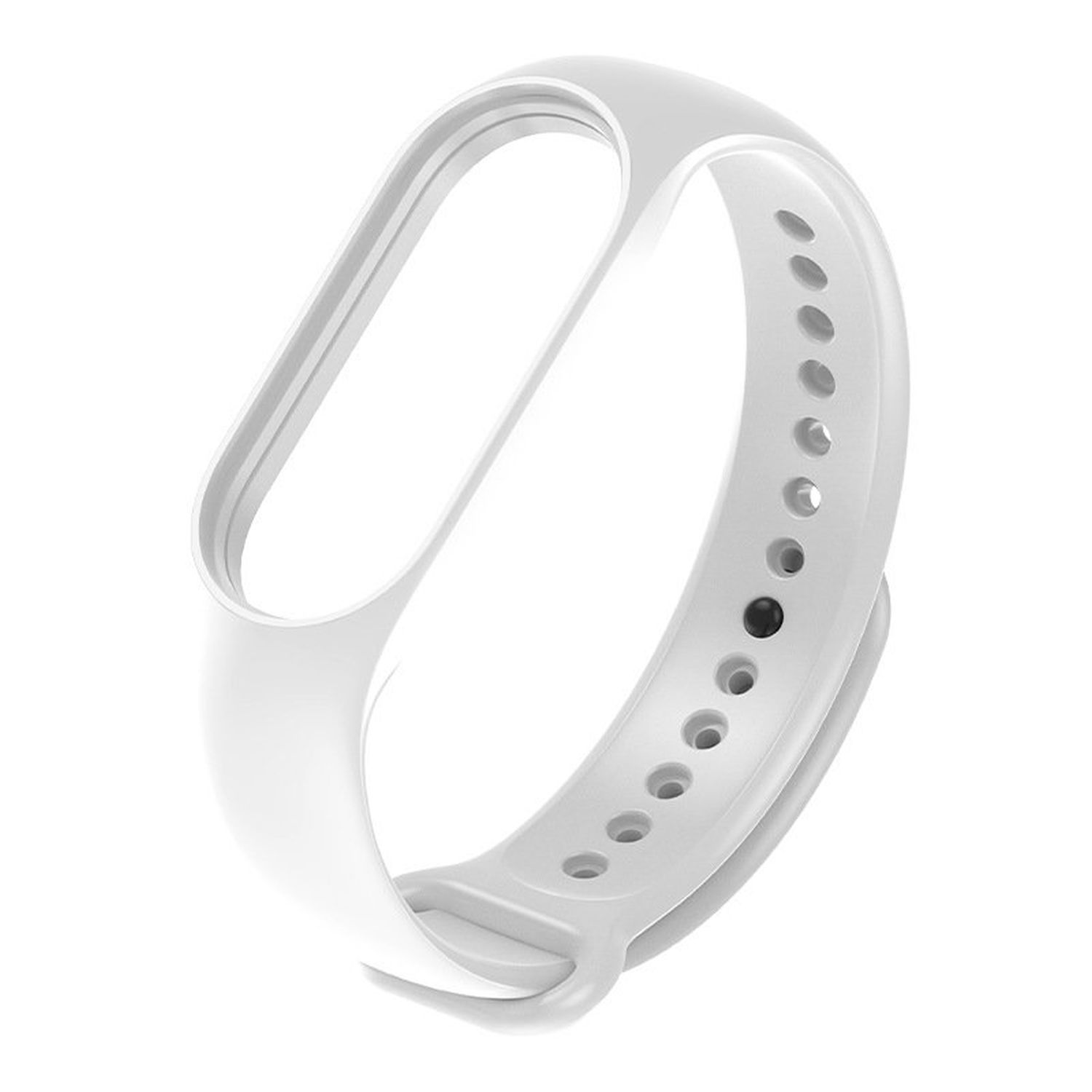 Weißes Smartwatch-Armband mit Löchern zur Größenanpassung auf weißem Untergrund.