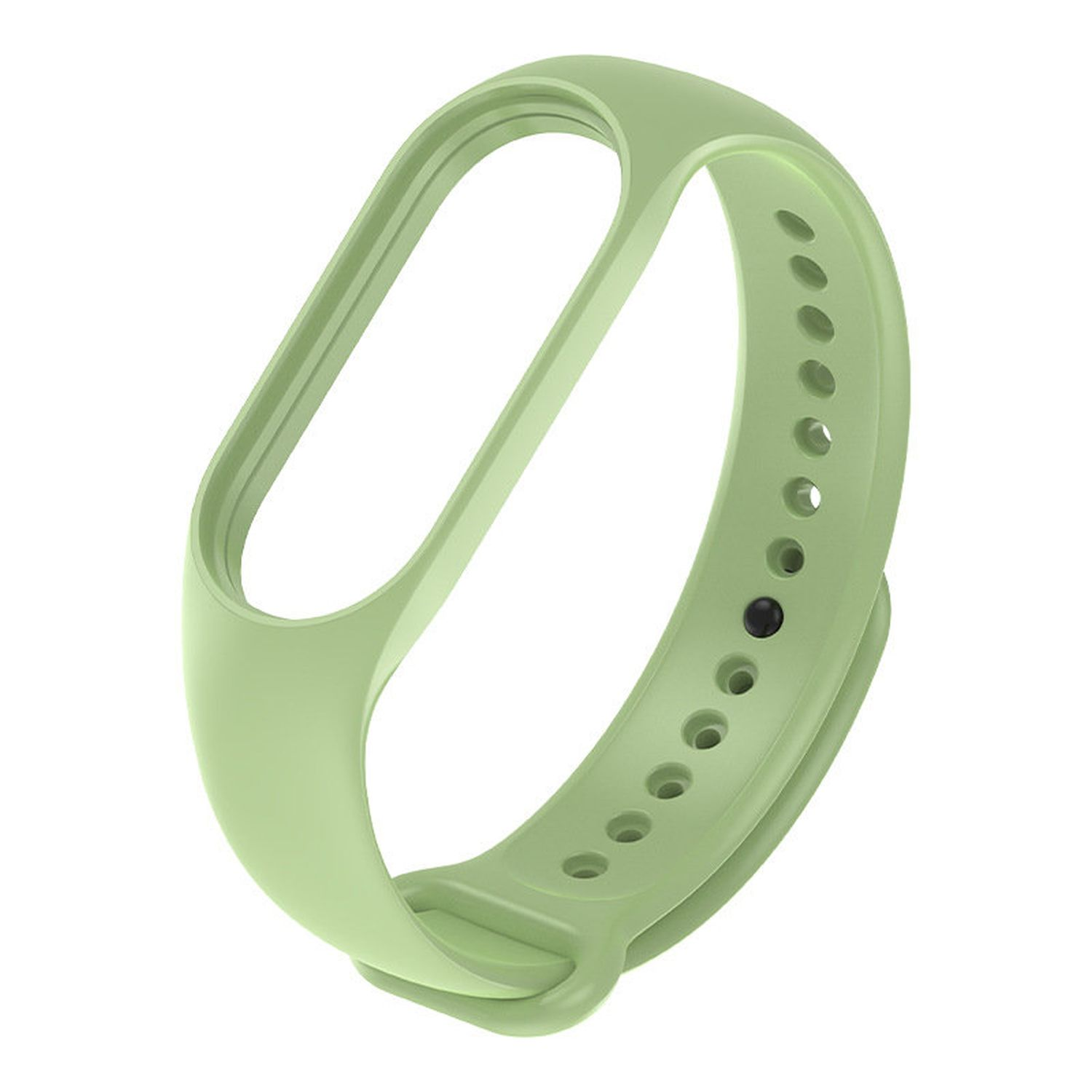 Hellgrünes Uhrenarmband. Das Armband hat ein geschwungenes Design mit mehreren Löchern zur Größenanpassung.