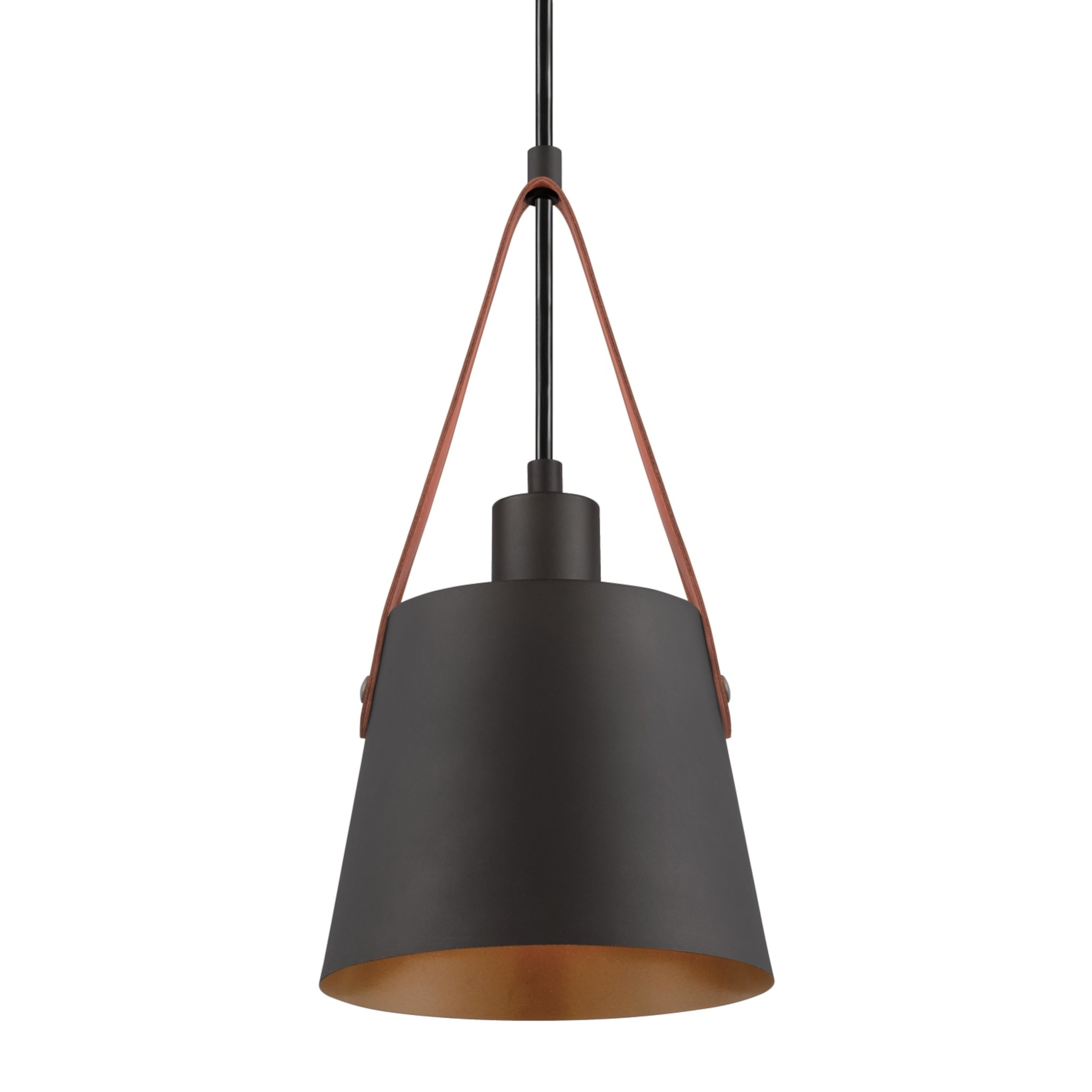 Eine schwarze Pendelleuchte mit braunem Lederriemen und goldfarbenem Innenraum.
