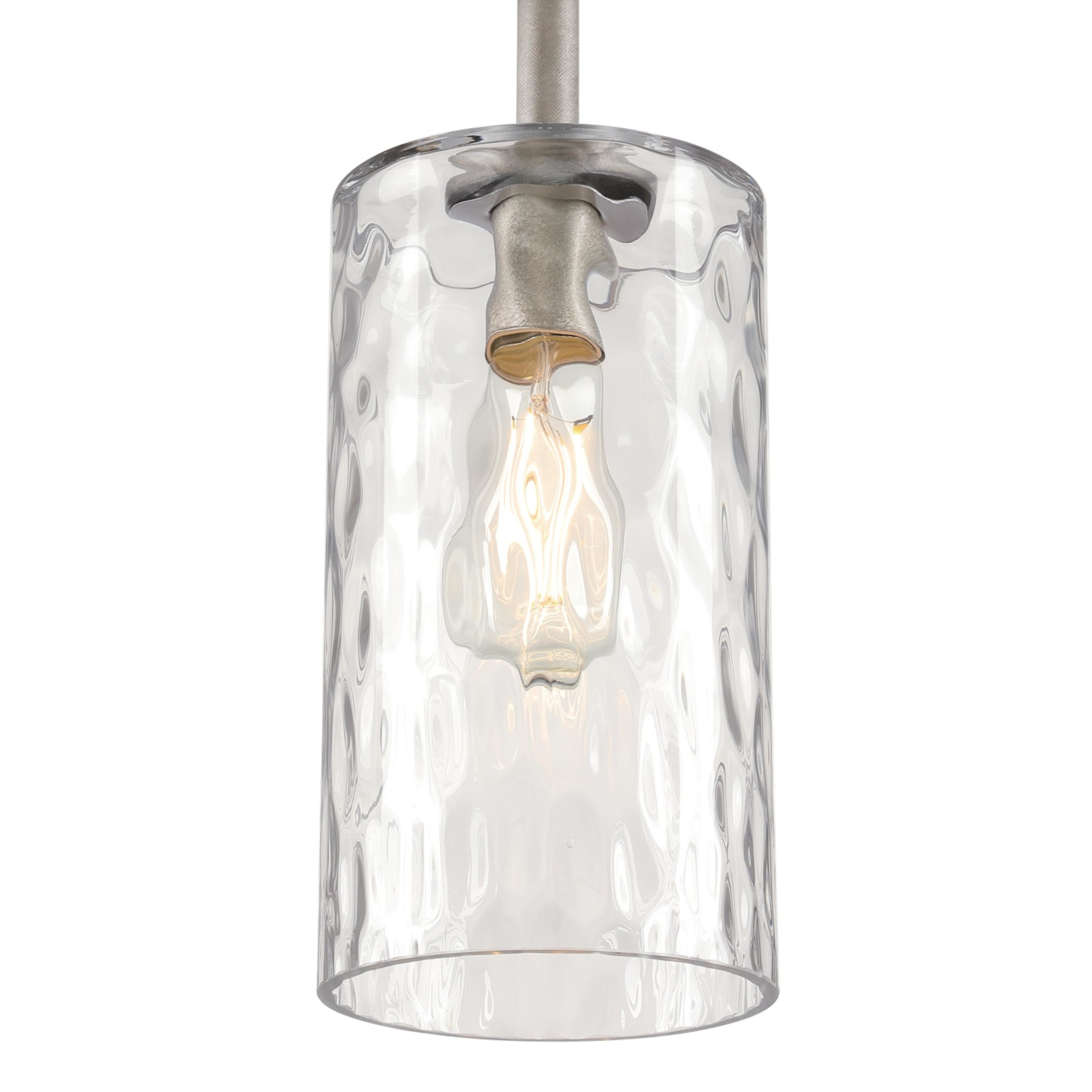 Klare Glas-Pendelleuchte mit strukturierter Oberfläche und sichtbarer Glühbirne.