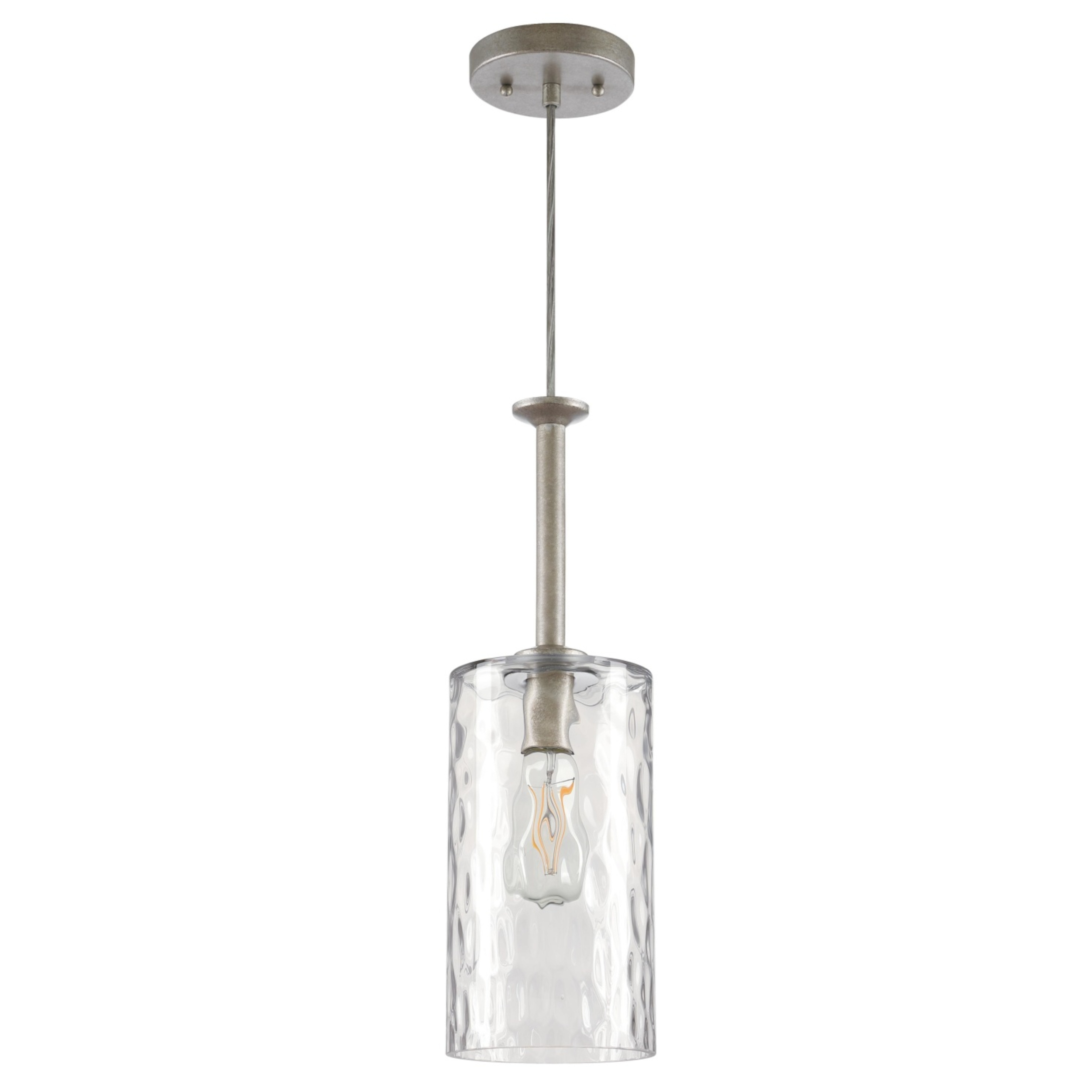 Eine Tischlampe mit grauem Sockel, Holzabschnitt und blauem Lampenschirm.