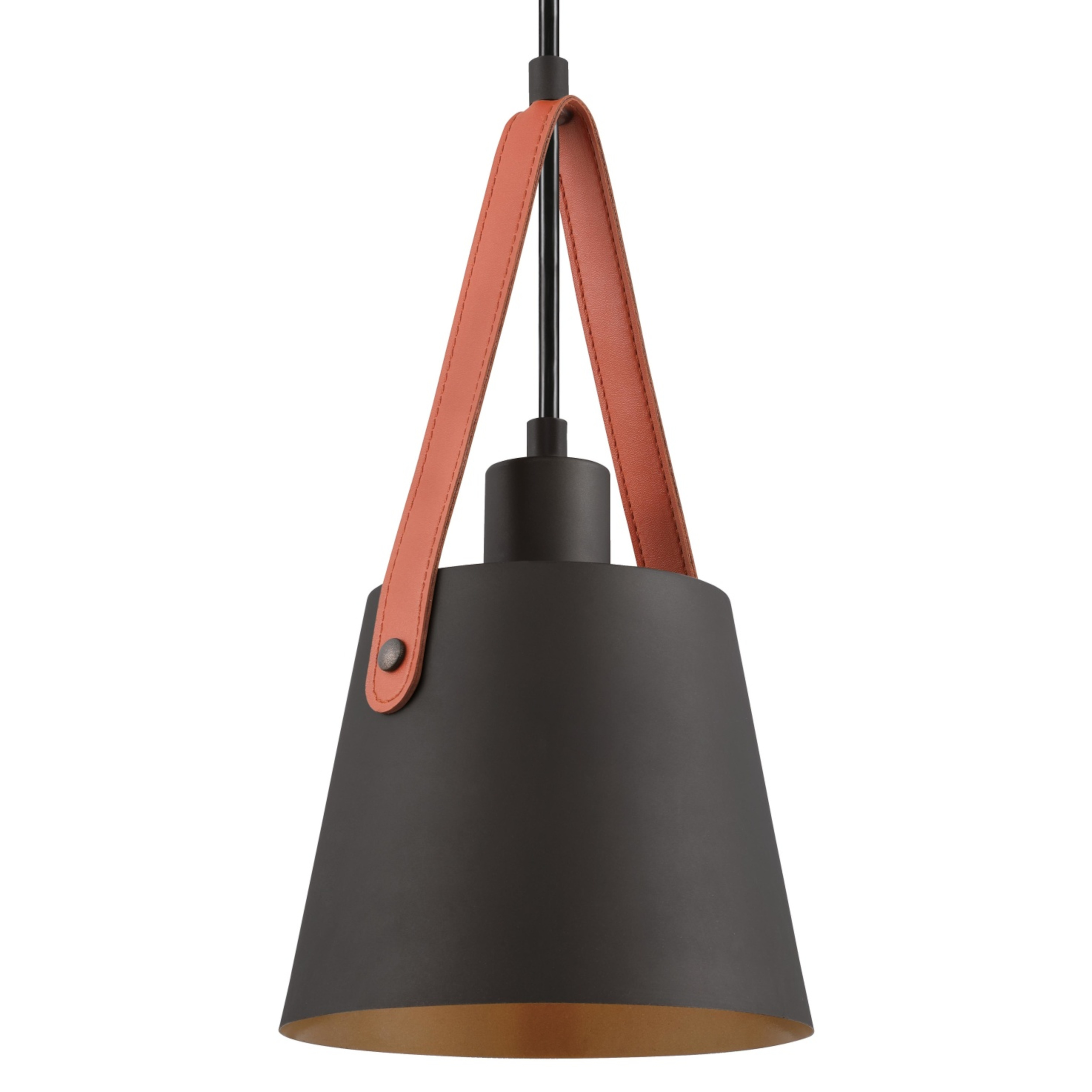 Eine schwarze Pendelleuchte mit orangefarbenem Lederriemen und goldfarbenem Innenraum.