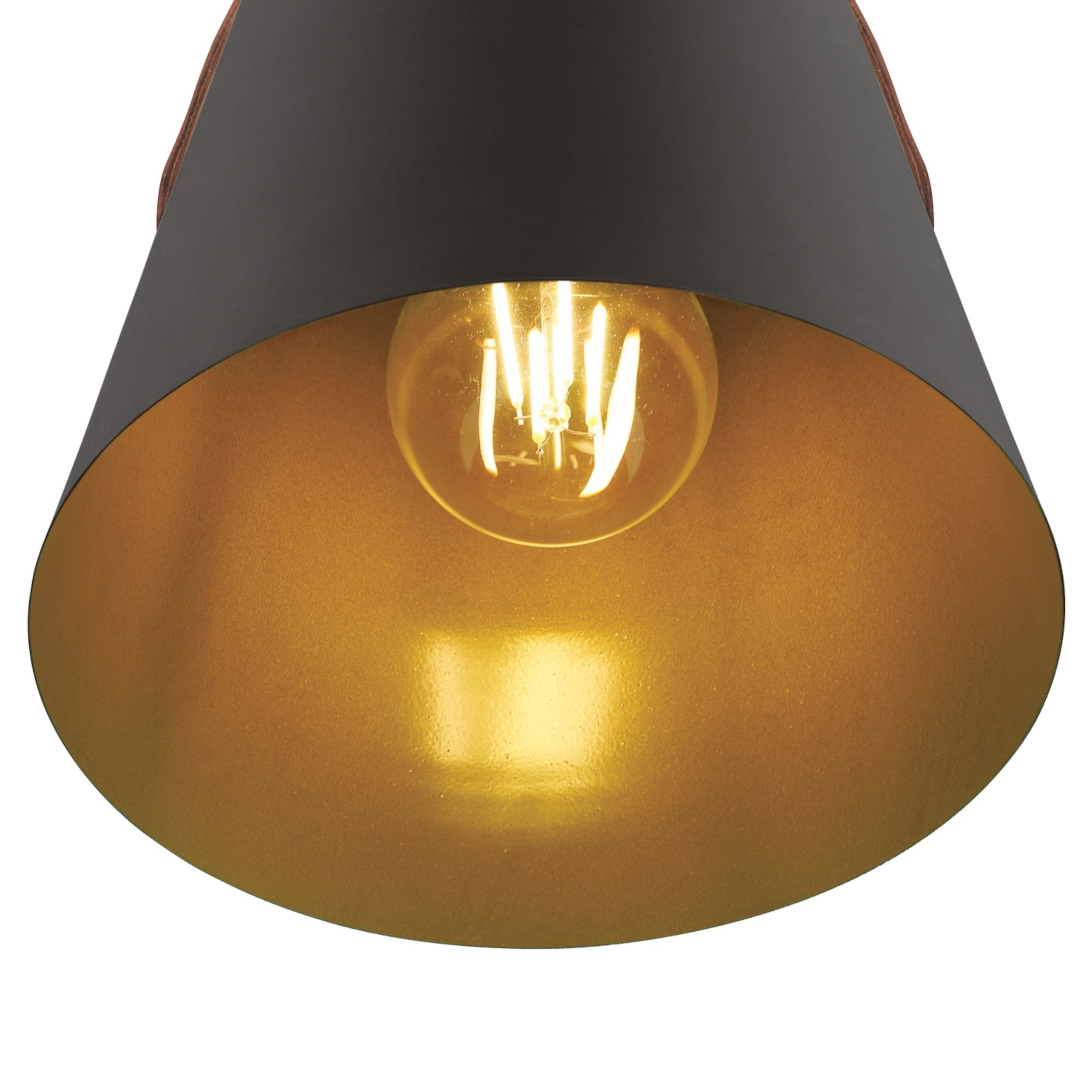 Eine schwarze und goldene Pendelleuchte mit einer Glühbirne im Inneren, isoliert auf Weiß.