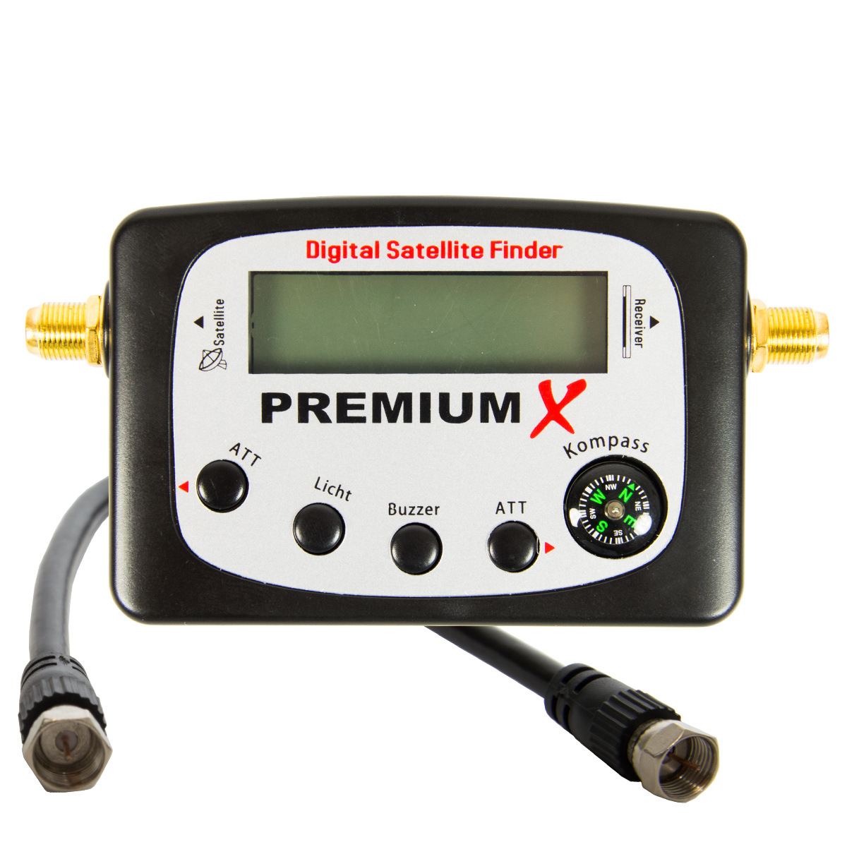 Digitaler Satellitenfinder mit Display, Knöpfen und Kompass, schwarzes Gehäuse.