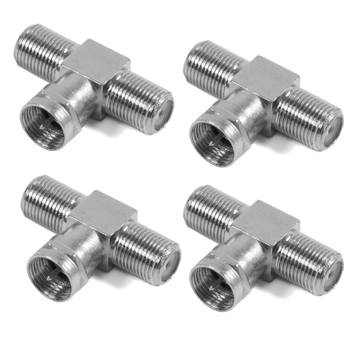 Vier silberne F-Stecker-T-Adapter auf weißem Hintergrund.