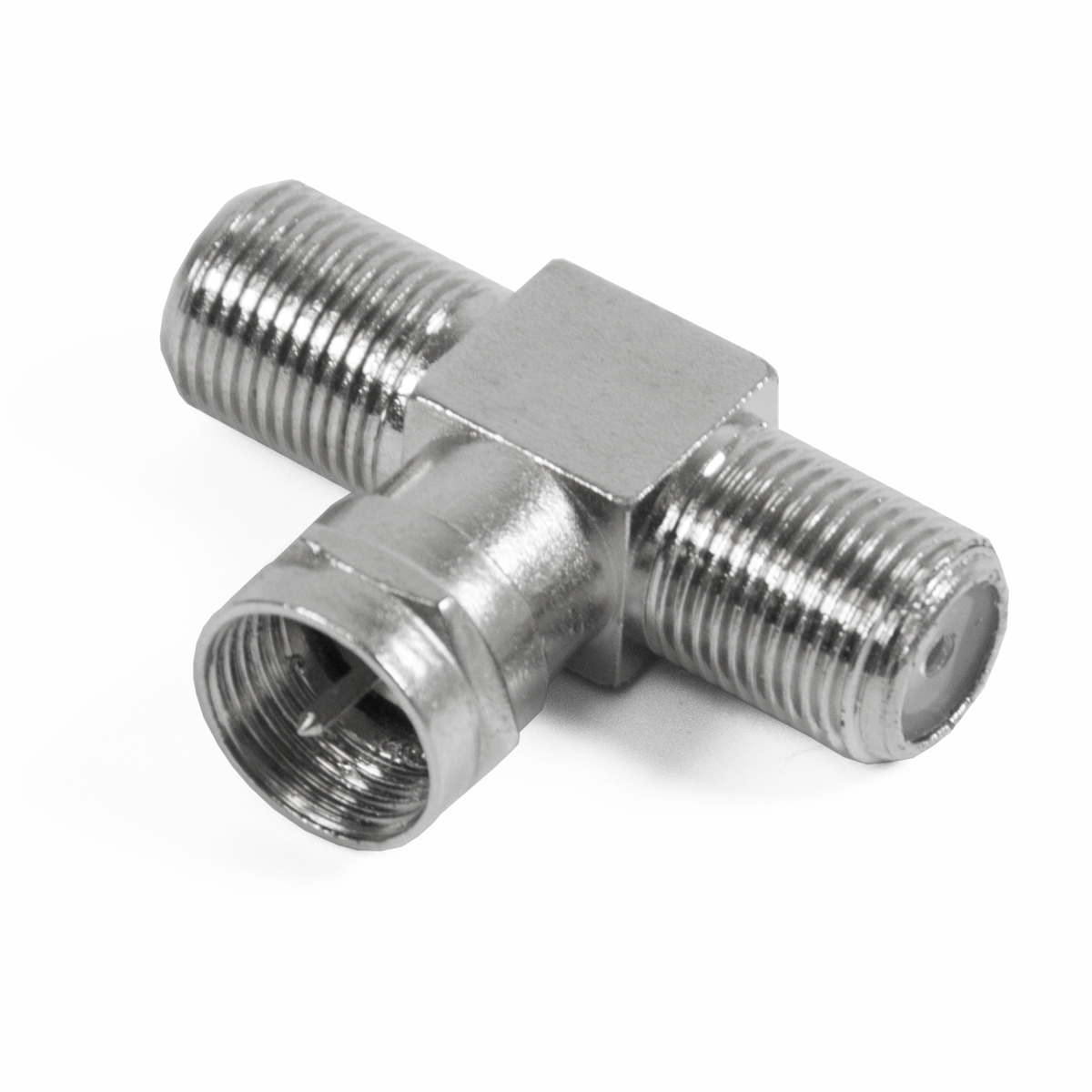 Ein silberner T-förmiger Stecker für Koaxialkabel, auf weißem Hintergrund.