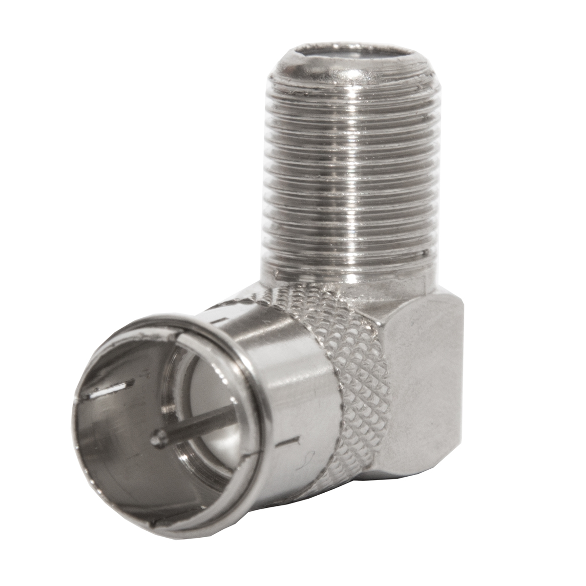 Ein silberner, abgewinkelter F-Stecker mit einem Gewindeende.