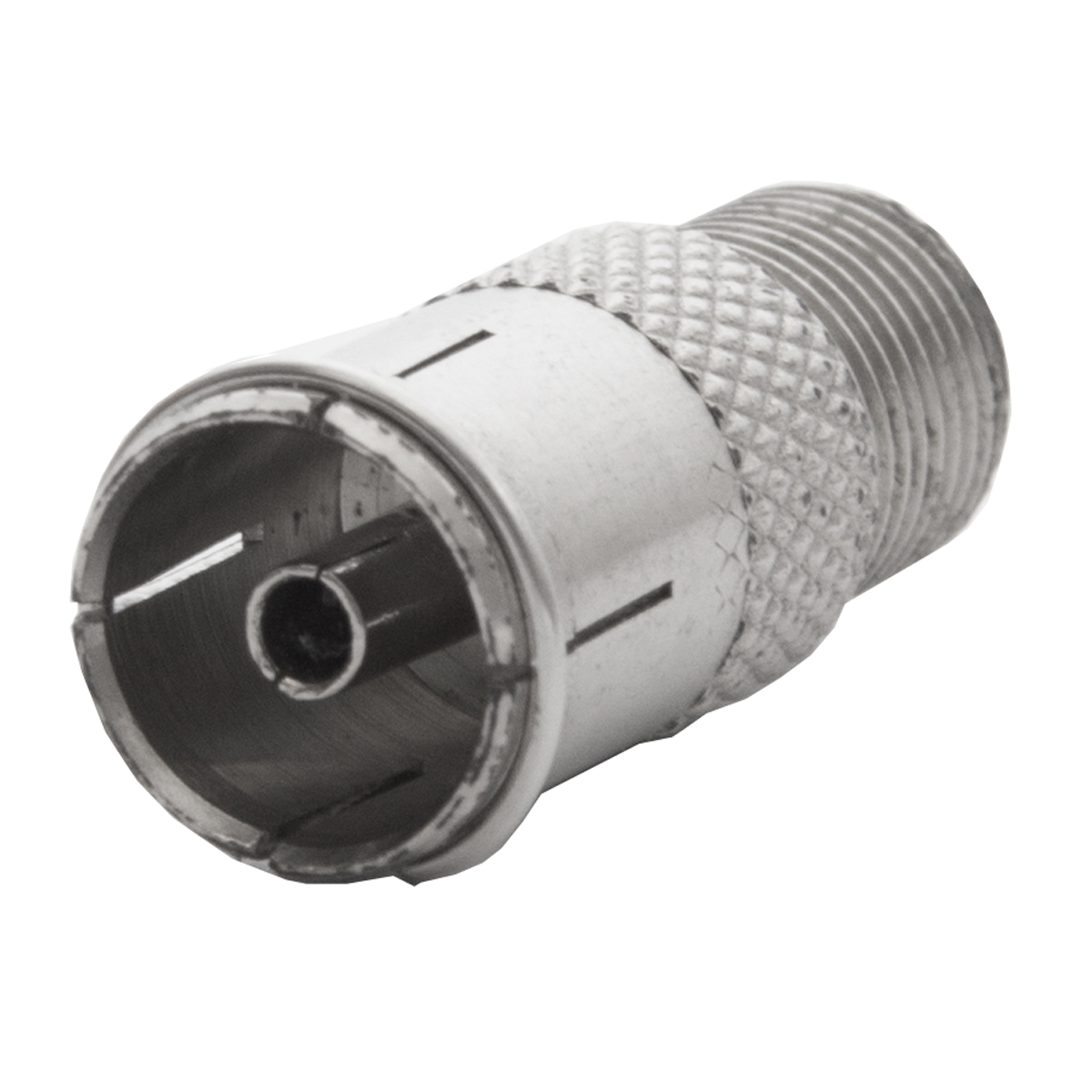 Ein Metallverbinder. Der Verbinder ist silberfarben und hat ein Gewindeende.