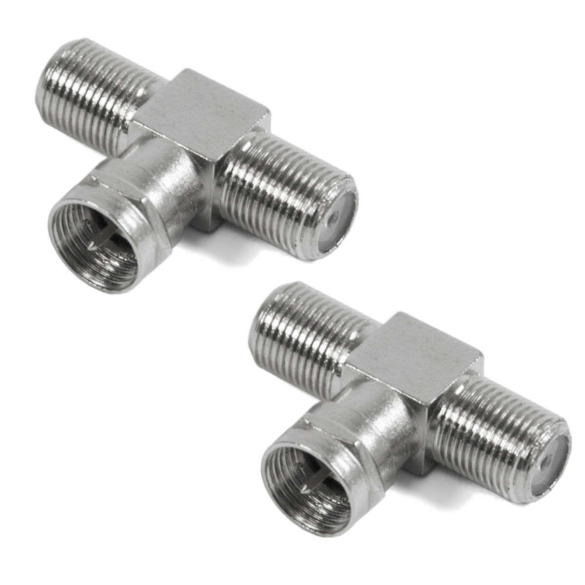 Zwei metallische T-Verbinder mit Gewindeenden, isoliert auf weißem Untergrund.