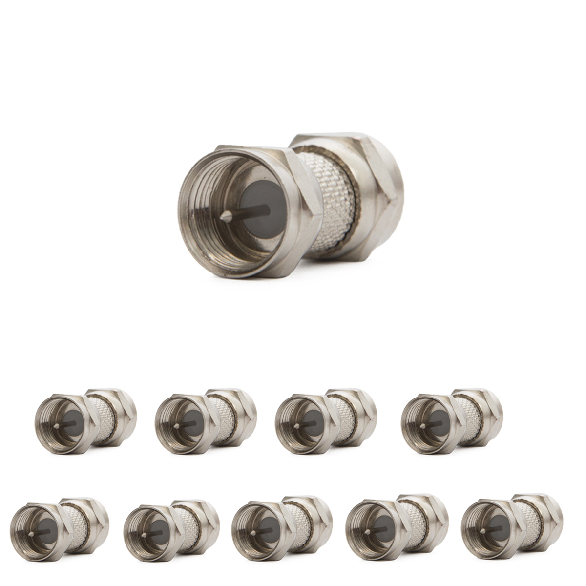 Zehn silberne Koaxialstecker auf weißem Hintergrund, für Kabelverbindungen.