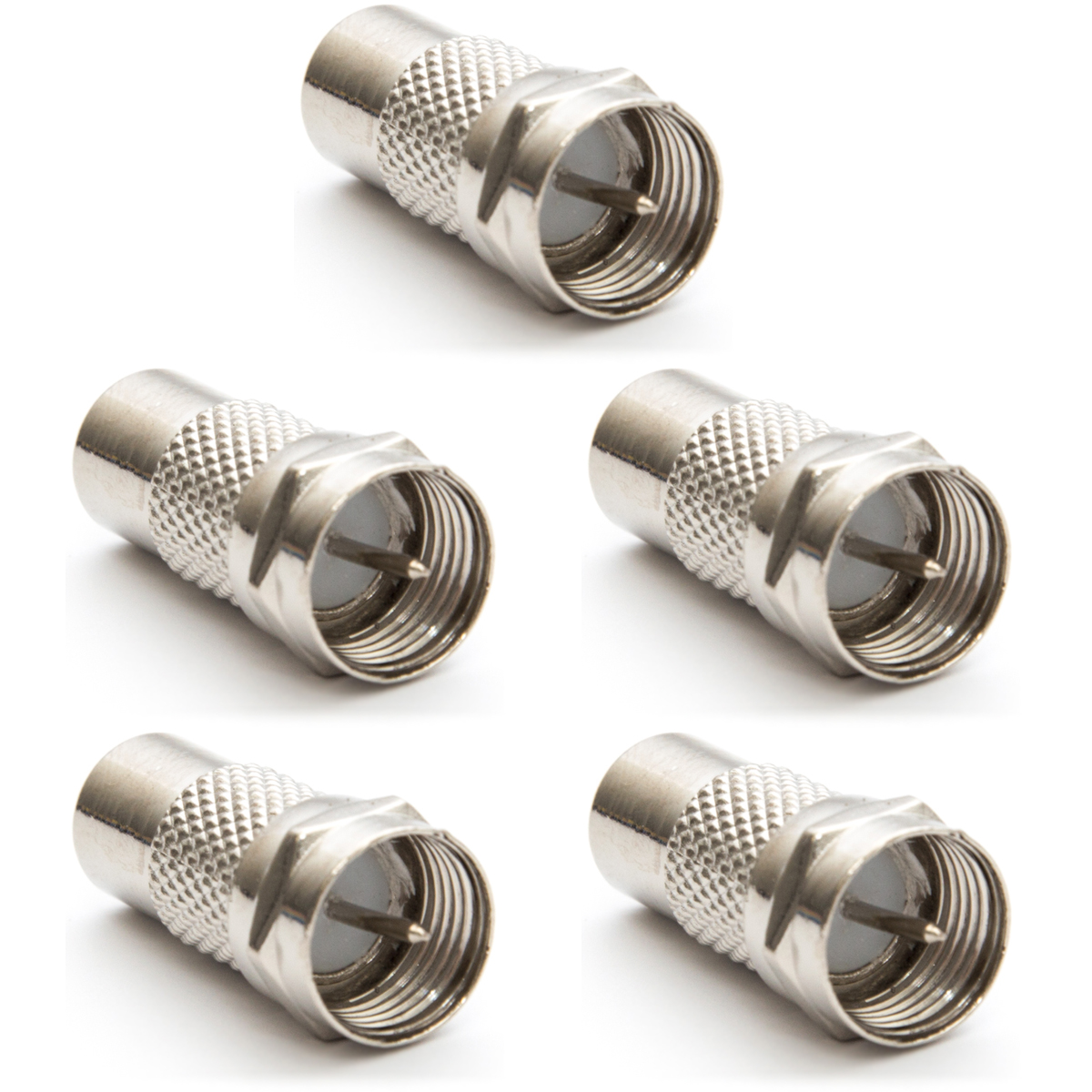 Fünf silberne Koaxialkabel-Steckverbinder. Jeder hat ein Metallgehäuse und einen zentralen Stift, weißer Hintergrund.