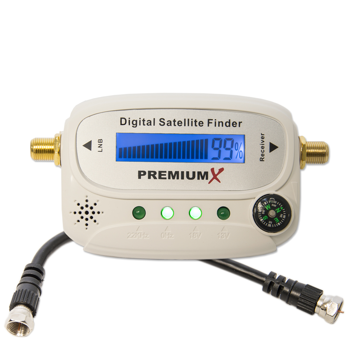 Digitaler Satellitenfinder mit Bildschirm, Knöpfen und Kompass.