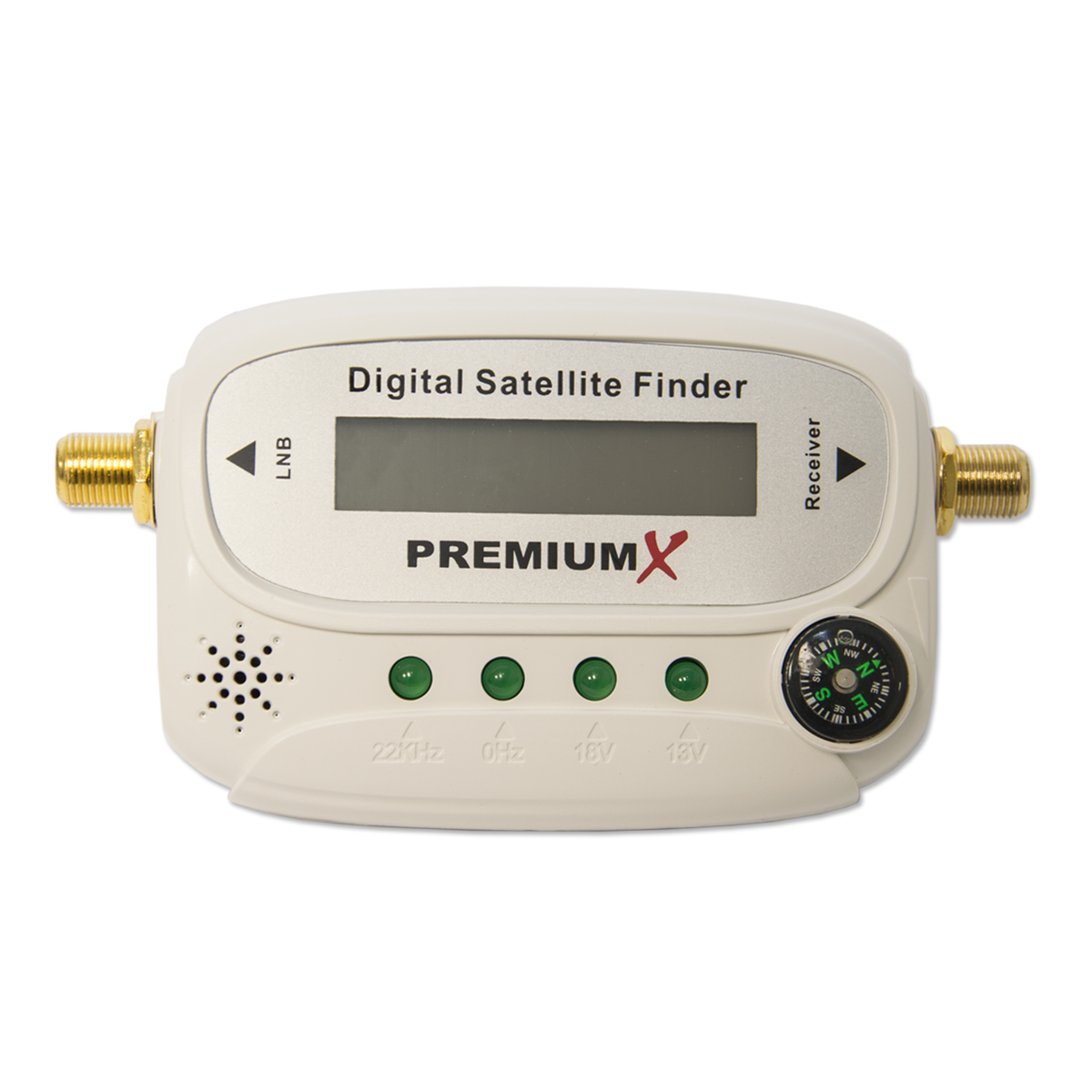 Ein weißer digitaler Satellitenfinder mit Bildschirm, Knöpfen und Anschlüssen. Er hat einen Kompass.