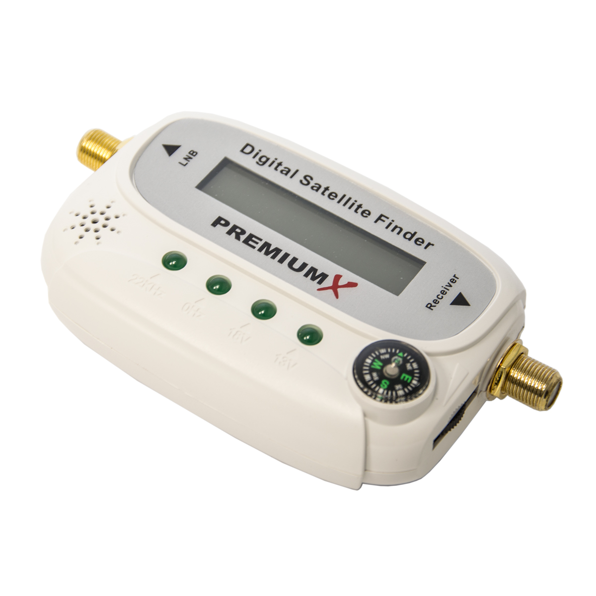 Ein weißer digitaler Satellitenfinder mit Kompass und Display.