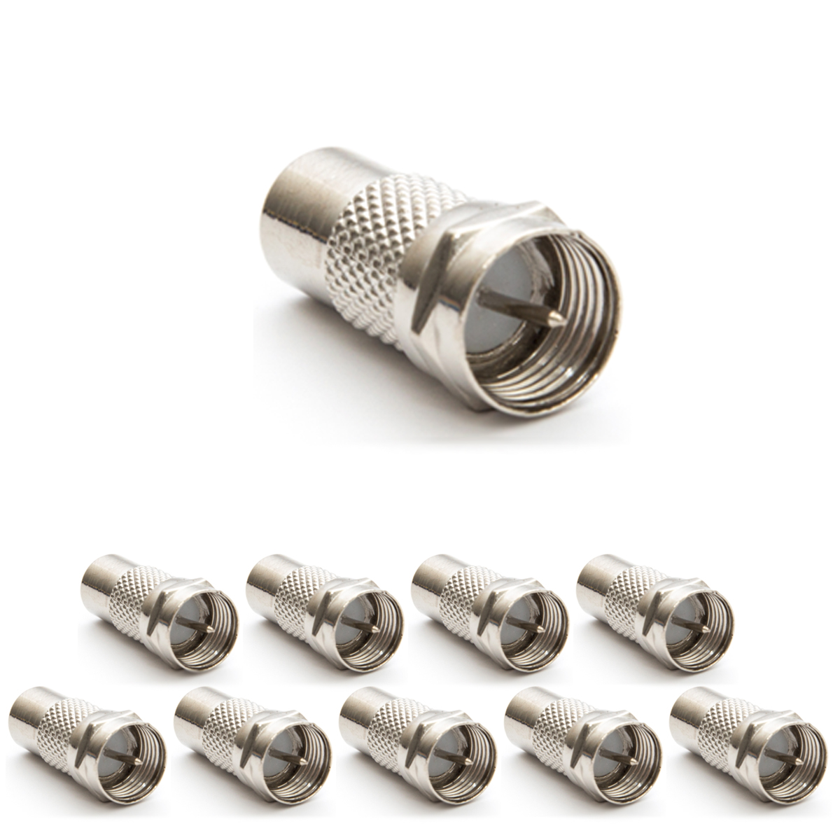 Satz silberner F-Stecker. Ein Stecker oben und die anderen unten.