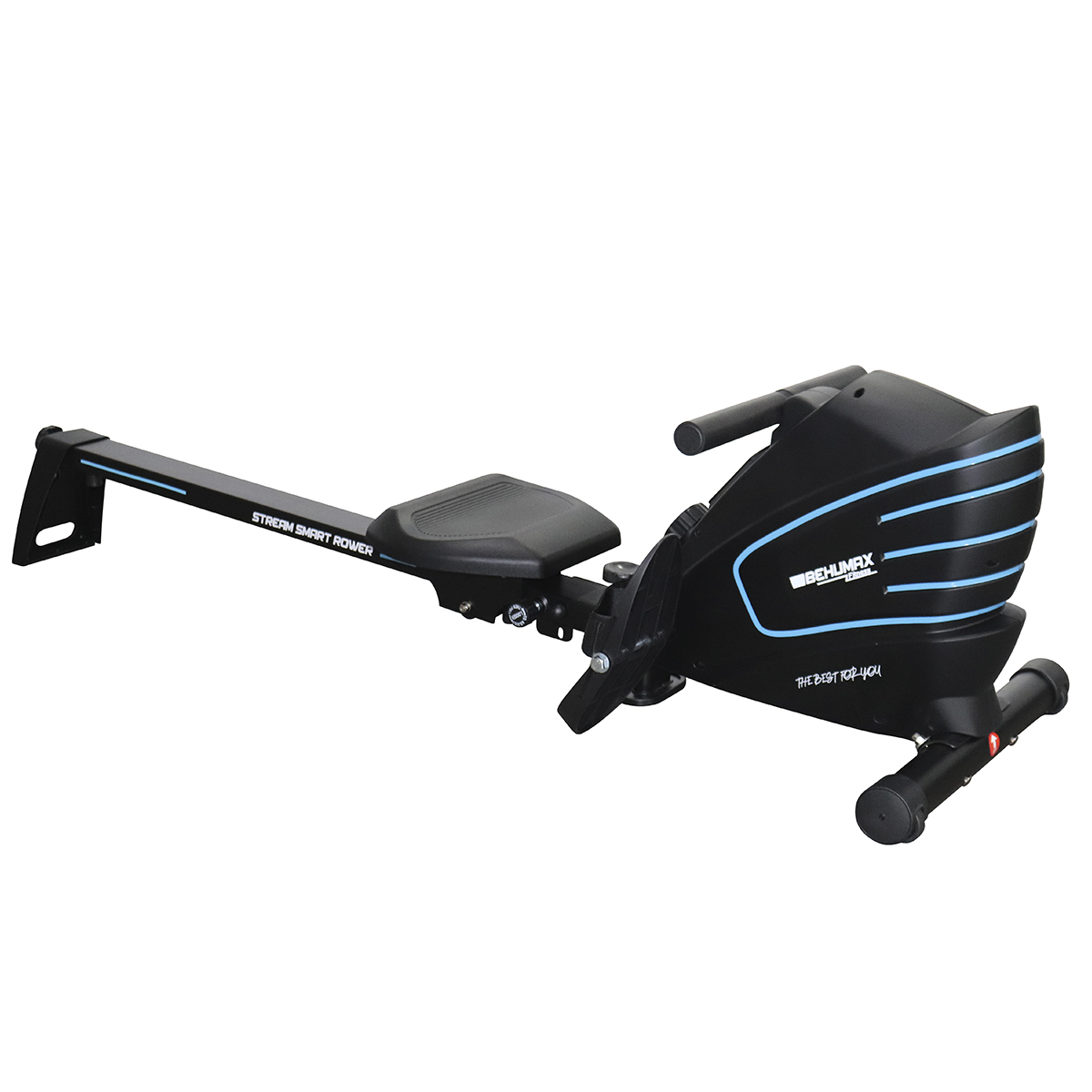 Máquina de remo negra y azul. Tiene asiento, manijas y una pantalla.