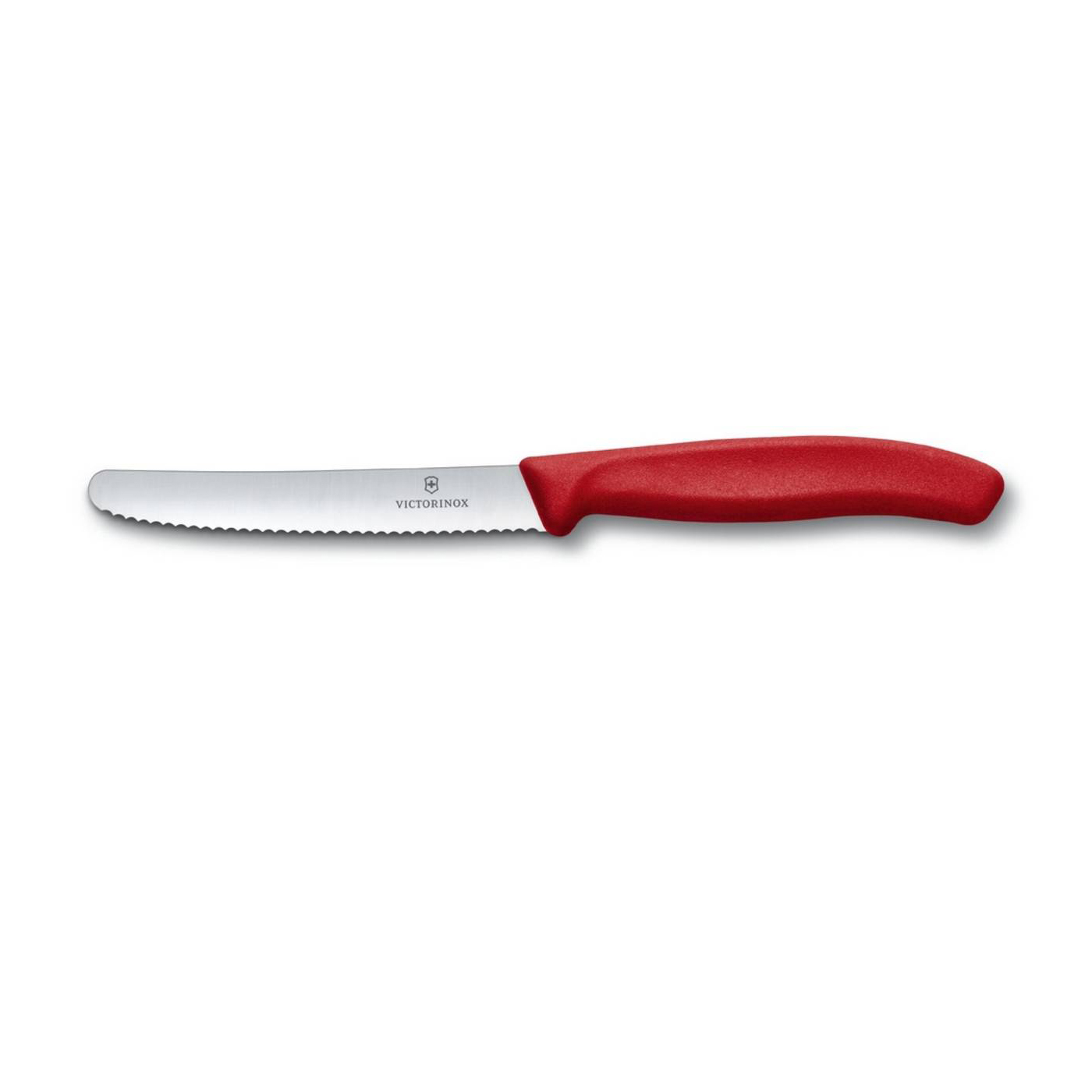 Roter Victorinox-Messer mit gezahnter Klinge.