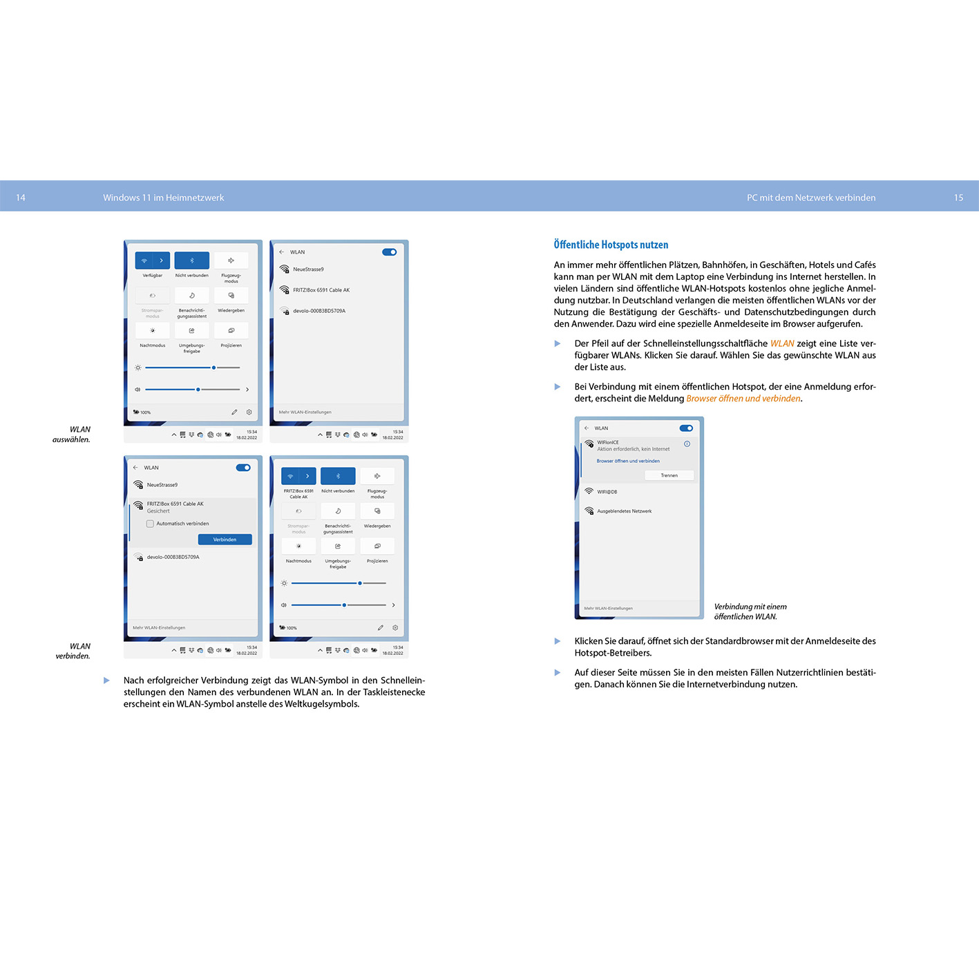 Screenshots von einem PC mit Windows 11, die Einstellungen und Optionen für WLAN-Verbindungen zeigen.