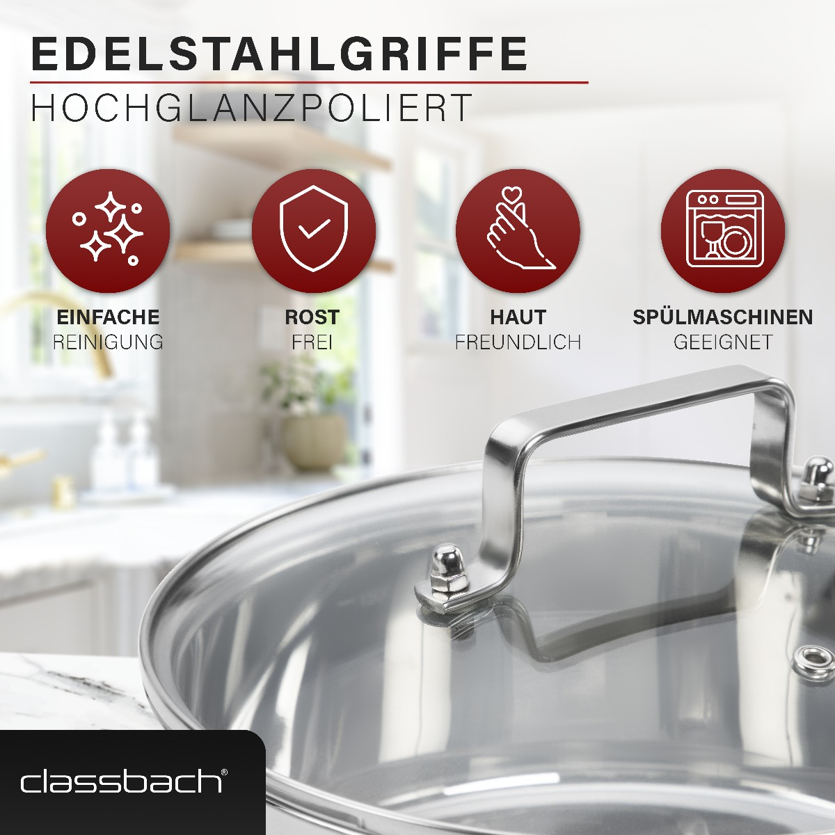 Naczynia ze stali nierdzewnej ze szklaną pokrywką. Ikony: łatwe czyszczenie, nierdzewne, przyjazne dla skóry, do zmywarki.