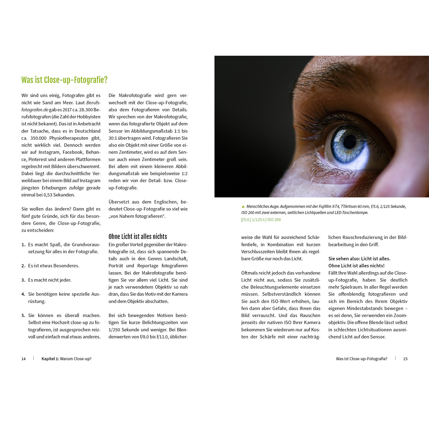 Text auf einer Zeitschriftenseite mit Makrofotografie-Informationen und einer Augen-Nahaufnahme.