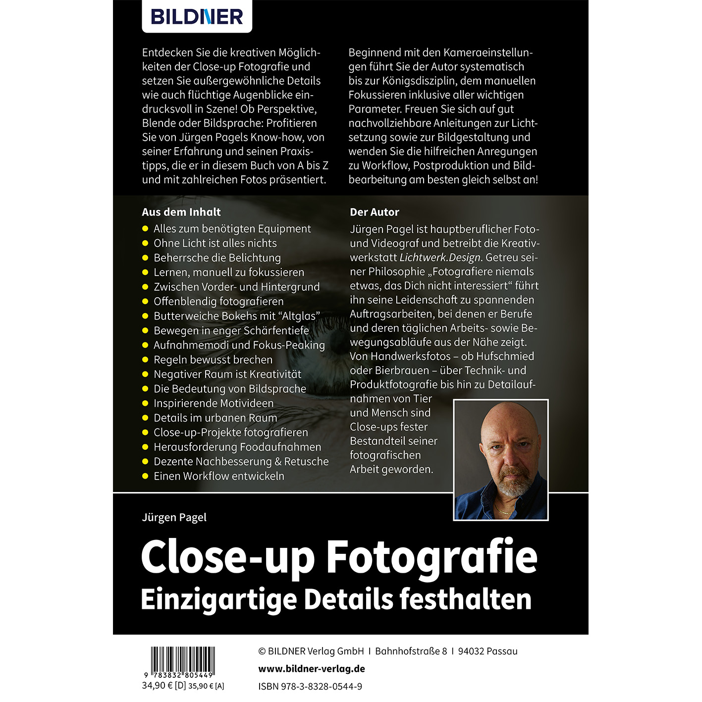Buchcover mit dem Titel 'Close-up Fotografie'. Zeigt ein Bild eines Mannes in der unteren rechten Ecke.