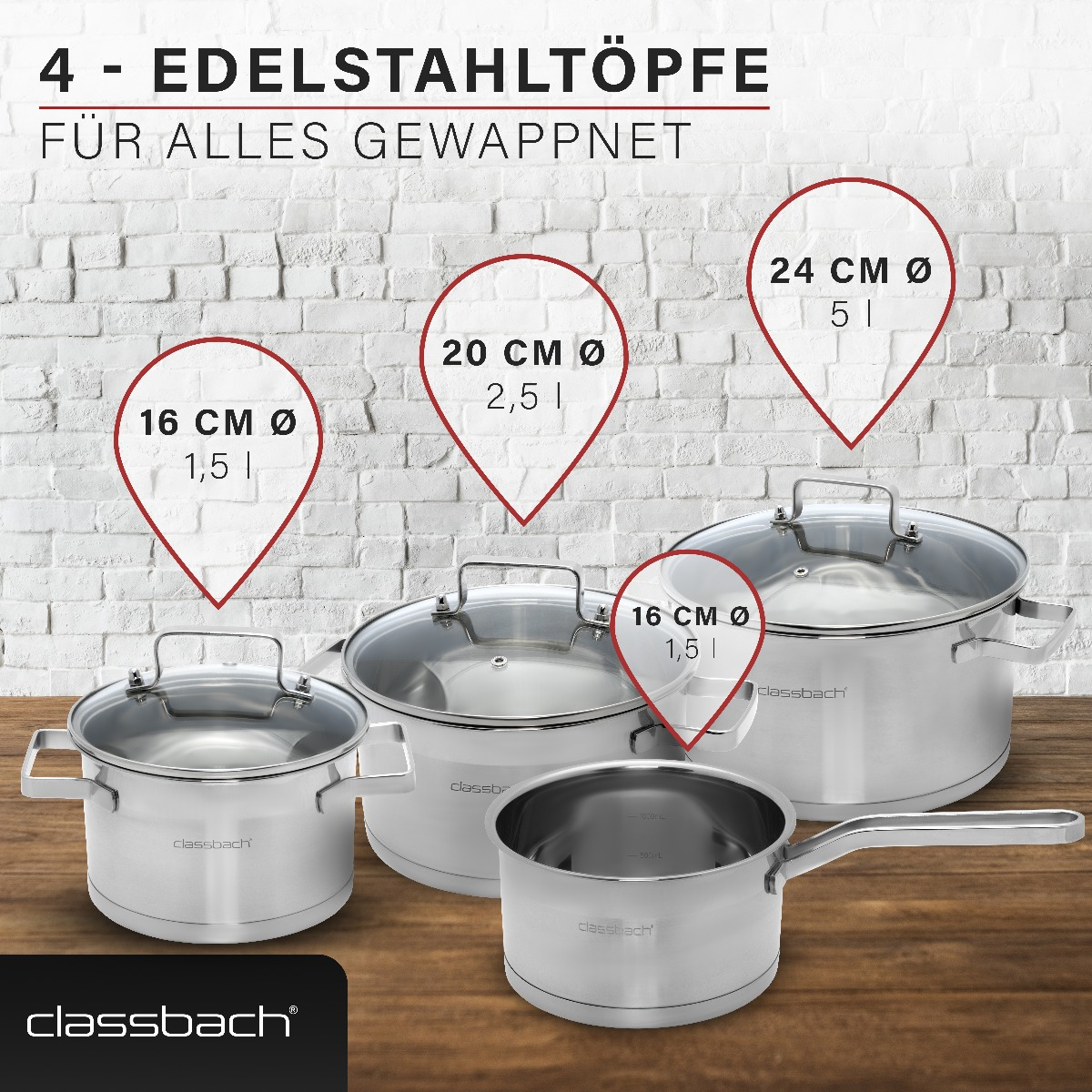 CLASSBACH C-KTS 4016 Edelstahl Kochtopf-Set