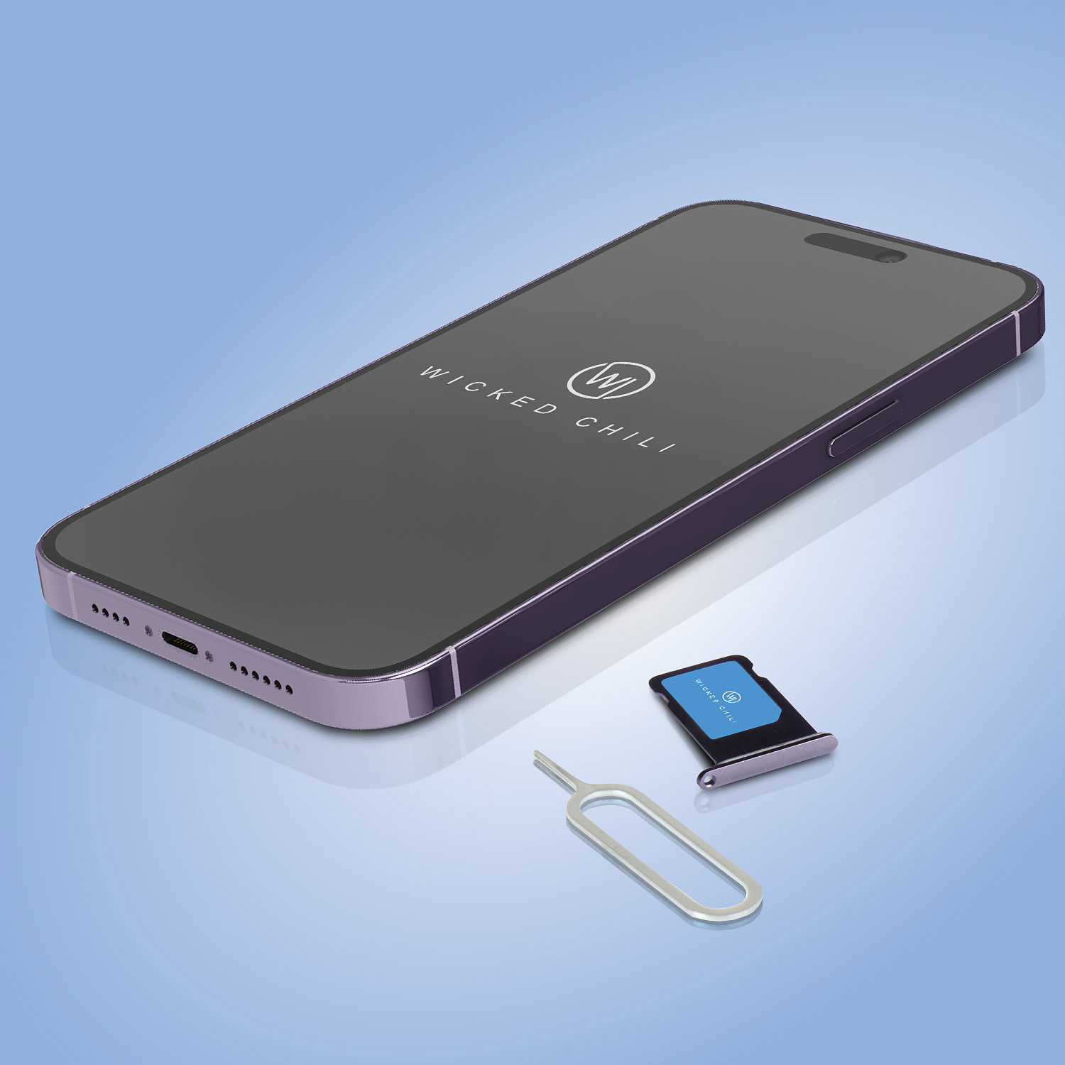 Lila Telefon mit Zubehör: SIM-Kartenfach, SIM-Karten-Auswurfwerkzeug.
