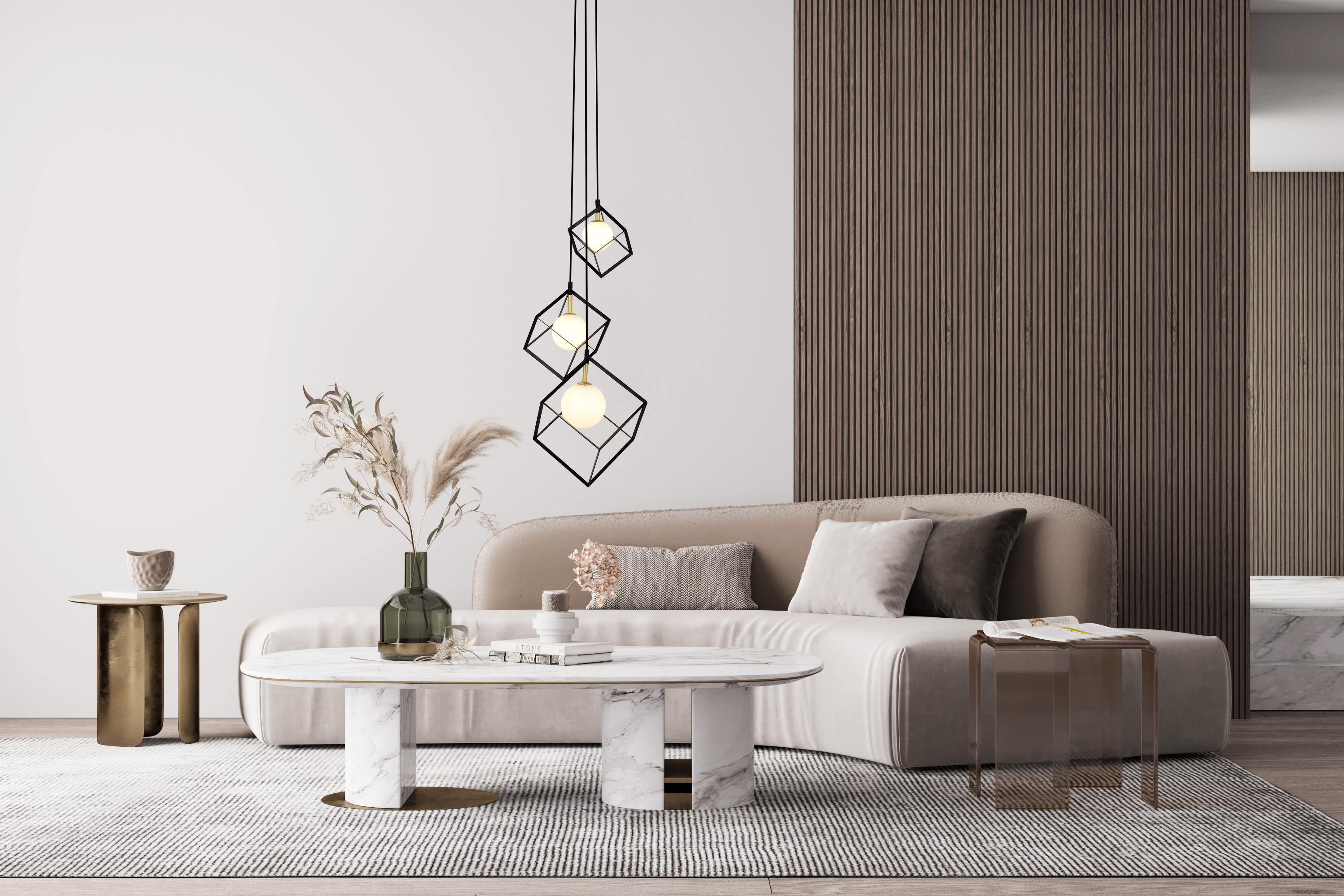 Ein modernes Wohnzimmer mit beigem Sofa, Marmortisch, Hängelampen, Teppich und Wand mit Holzpaneelen.