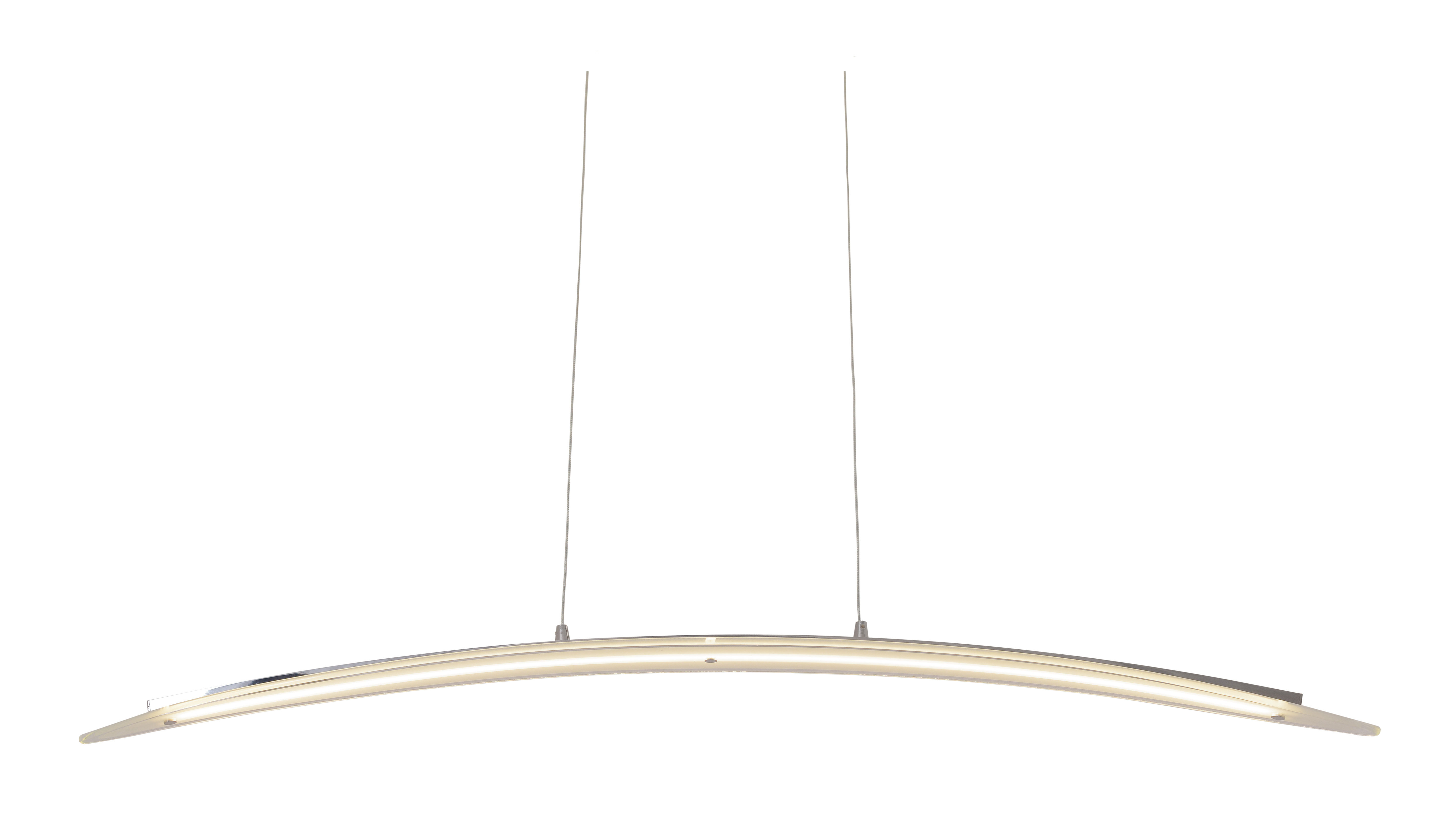 Eine moderne, gebogene LED-Pendelleuchte, die an zwei dünnen Drähten hängt, silbernes Finish.