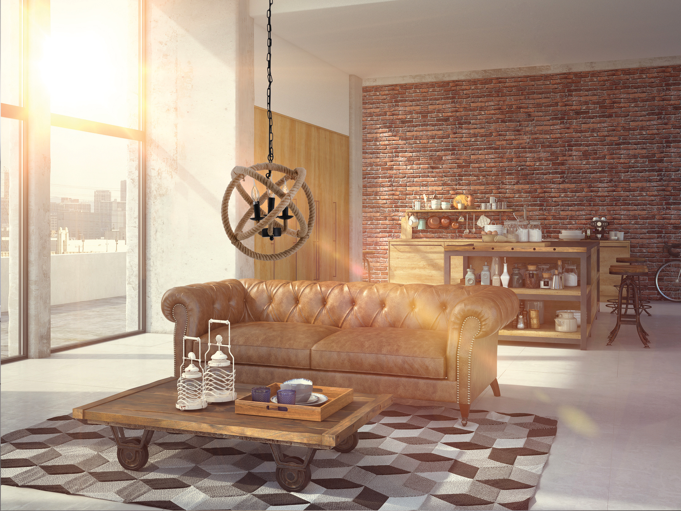 Wohnzimmer mit Sofa, Teppich und Industriebeleuchtung.