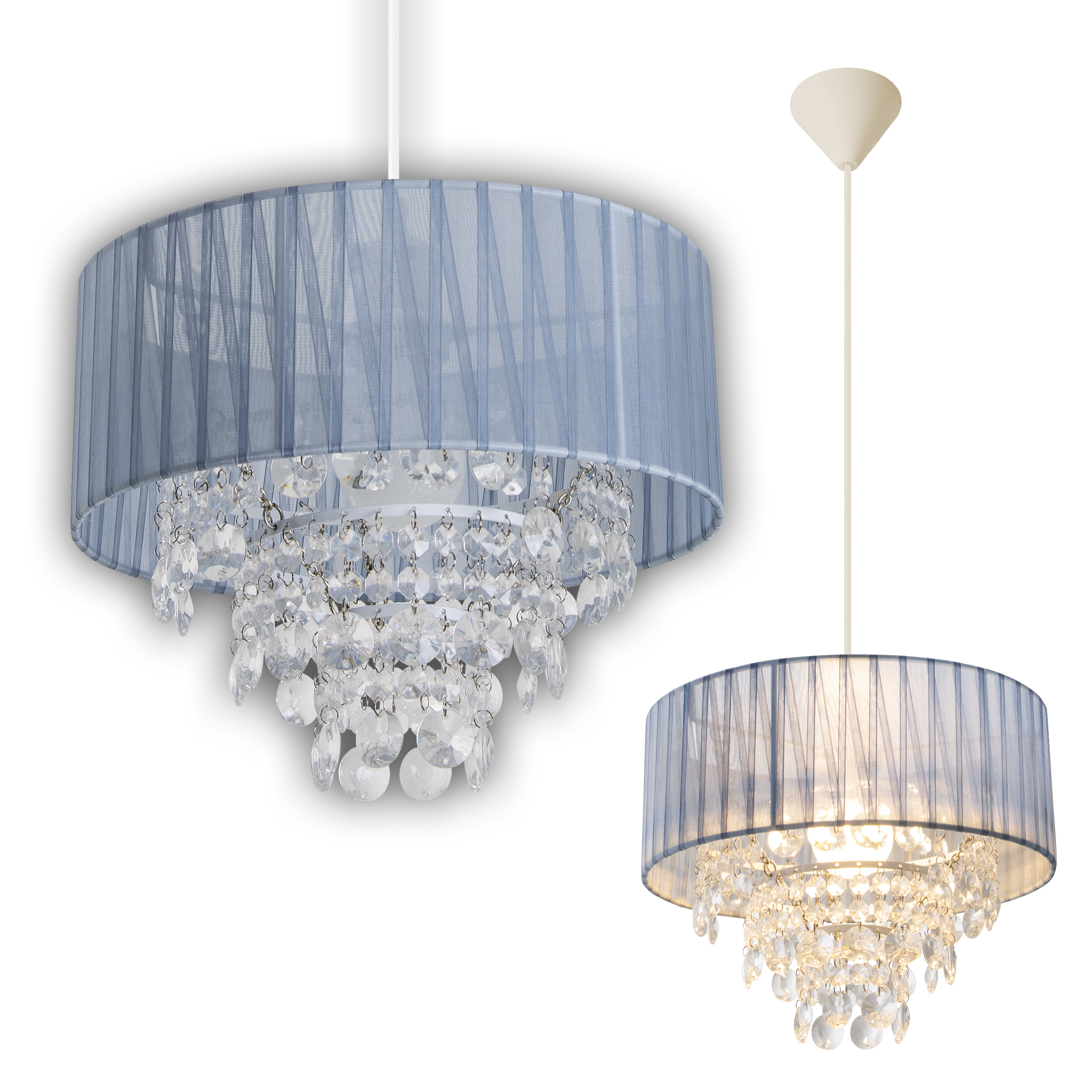 Deux lustres bleus, un allumé, avec des accents de cristal suspendus en bas et un abat-jour bleu.