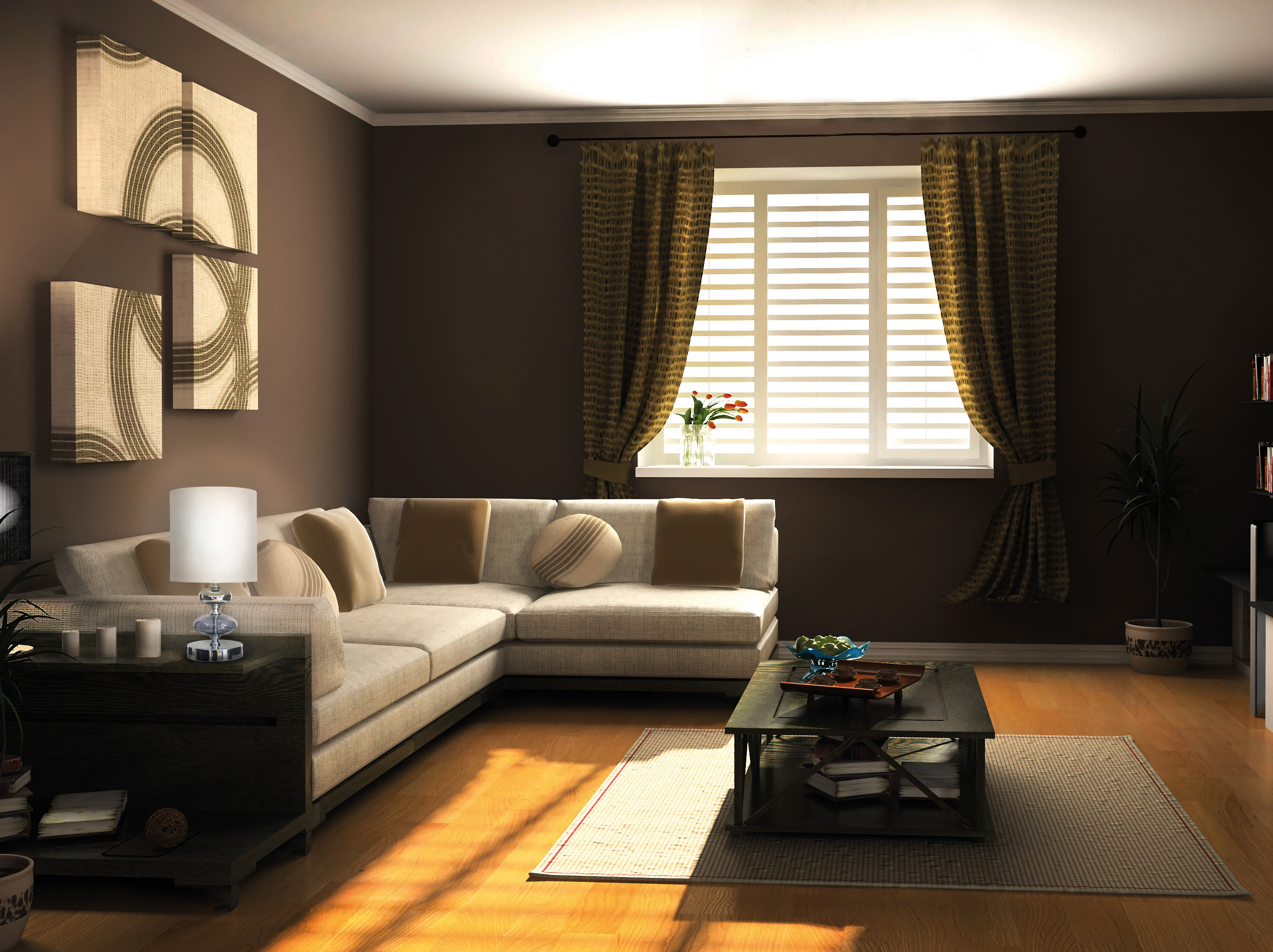Ein Wohnzimmer mit Sofa, Couchtisch, Fenster und Kunstwerken. Warme Beleuchtung und ein Teppich.