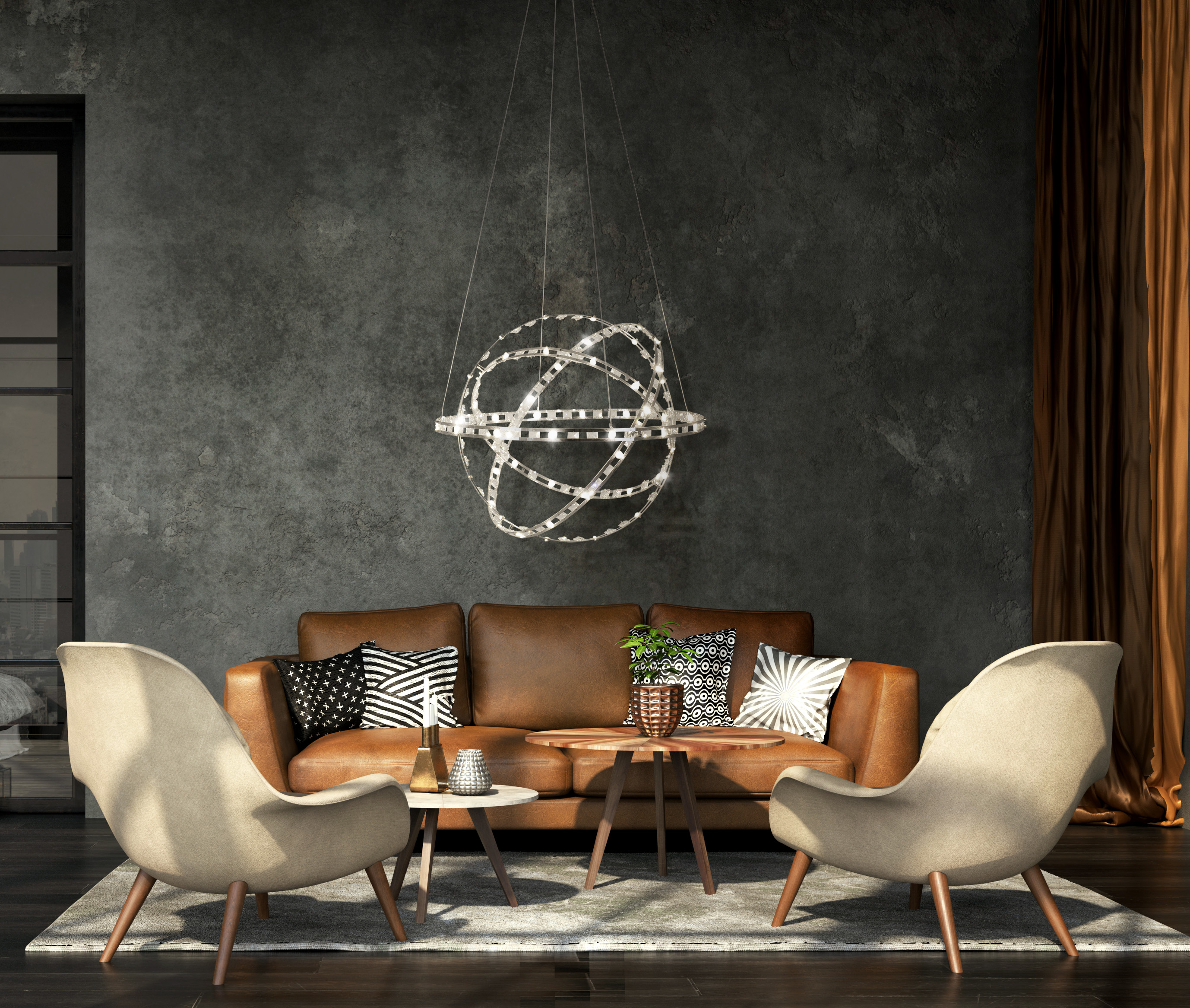 Wohnzimmer mit Ledersofa, zwei Sesseln, einem Couchtisch und einem modernen Kronleuchter.