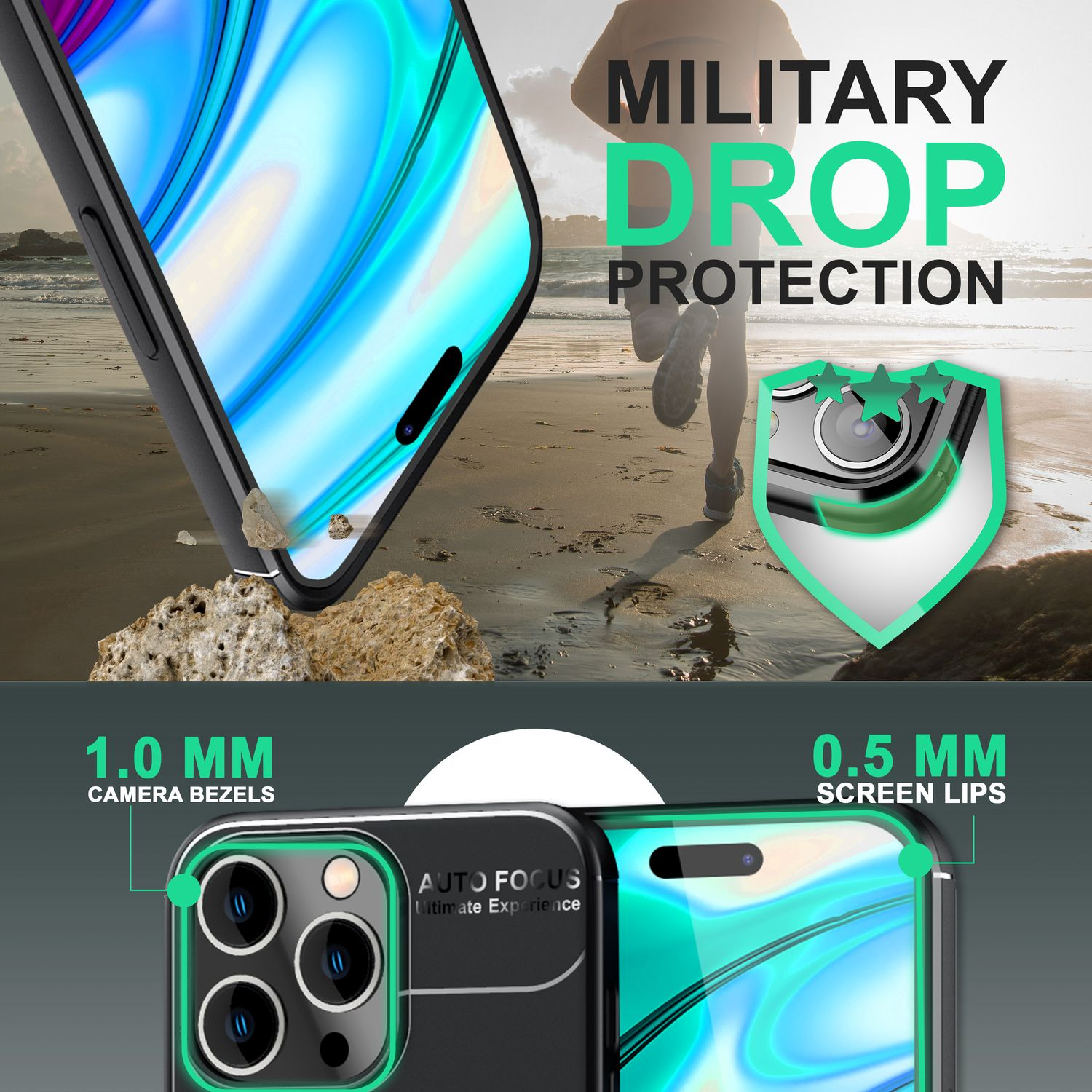 Funda de teléfono con teléfono, fondo de playa. Texto: Protección contra caídas.