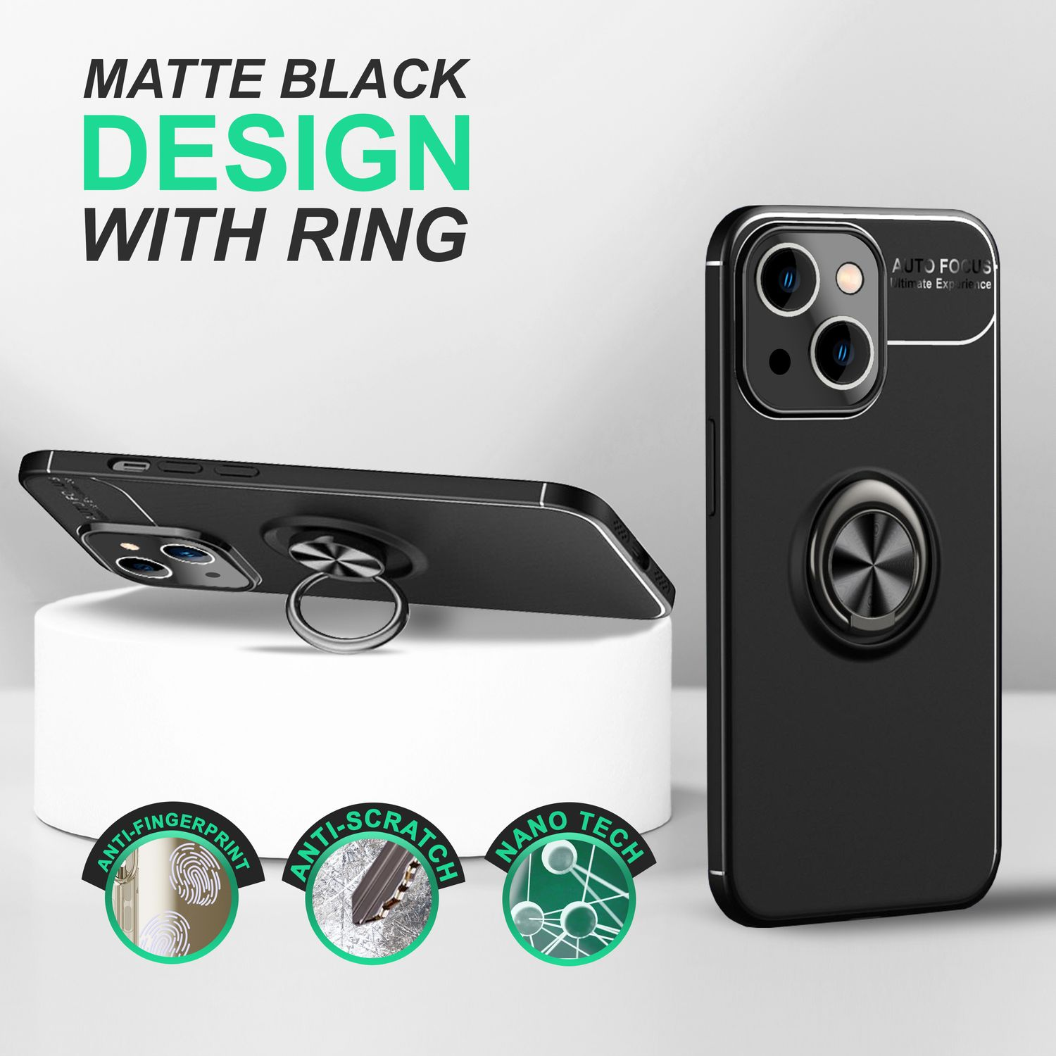 Funda de teléfono negra con anillo y texto: Diseño negro mate con anillo. Iconos: antihuellas, antiarañazos, nanotecnología.
