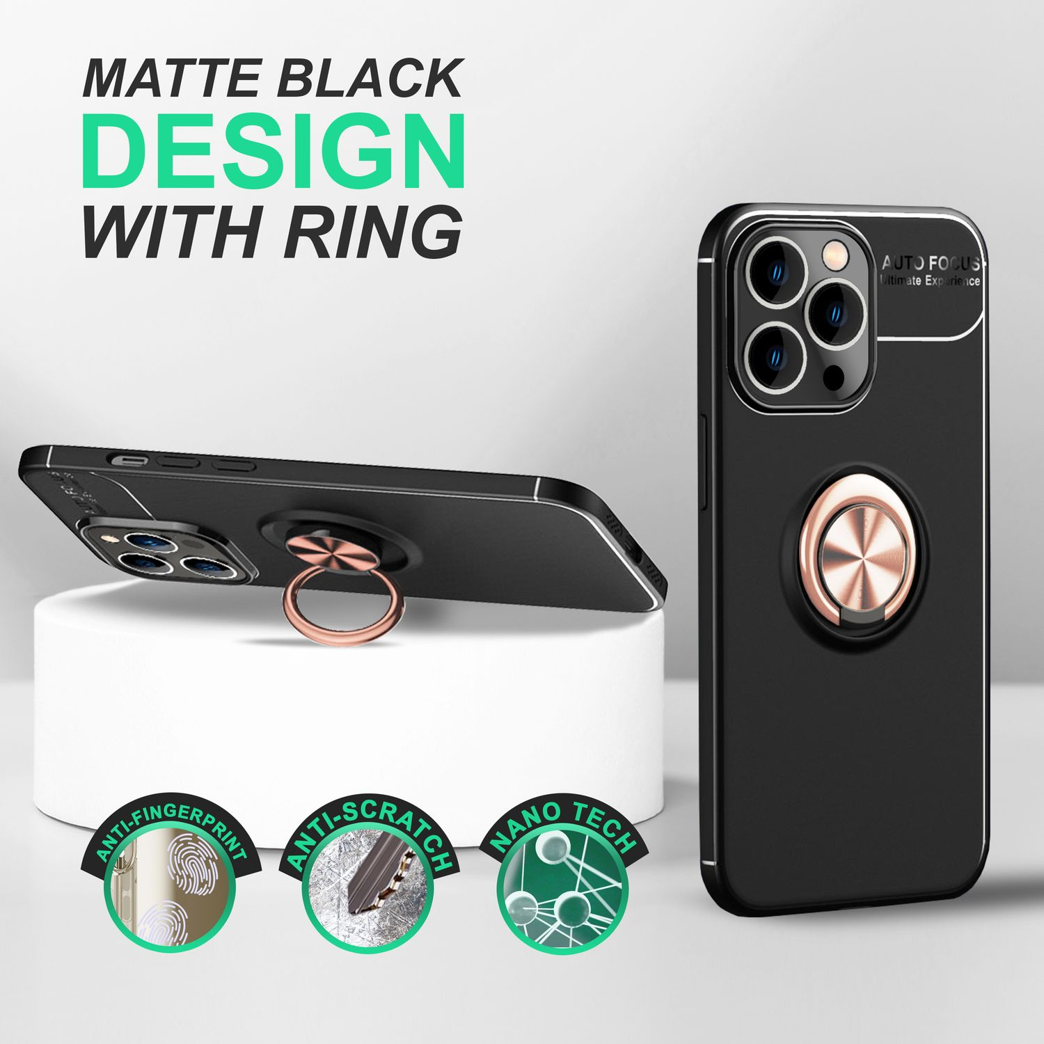 Funda de teléfono negra con anillo. Muestra iconos anti-huellas, anti-arañazos y nano tecnología.