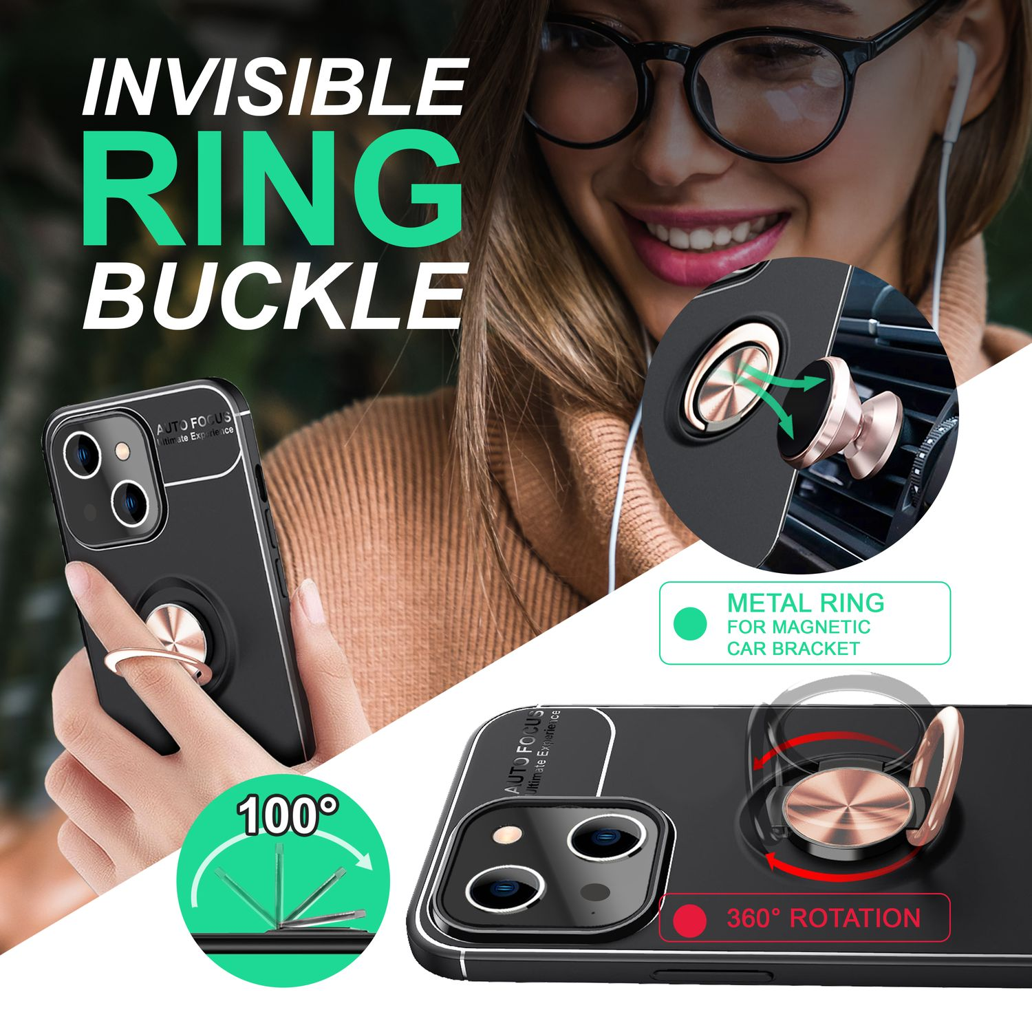Funda de teléfono con hebilla de anillo. Teléfono en mano, anillo dorado. Muestra rotación de 100 y 360 grados.