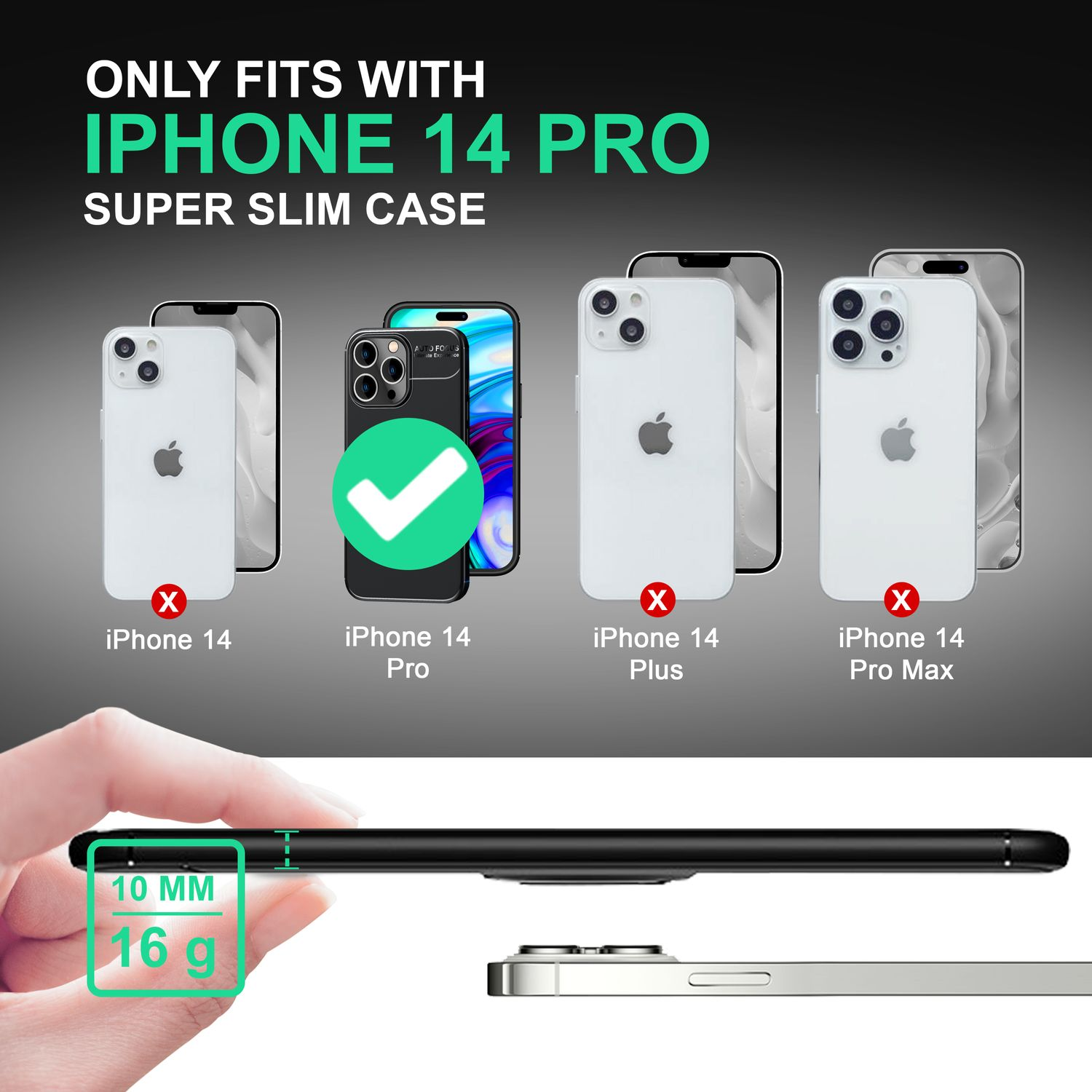Una custodia nera per iPhone 14 Pro con un segno di spunta verde, mostrata con altri telefoni e dimensioni.