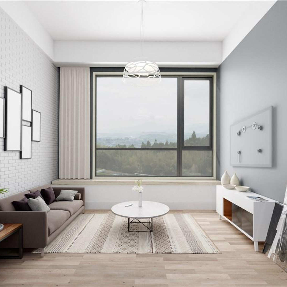 Ein modernes Wohnzimmer mit weißer Backsteinmauer, großem Fenster und Sofa.
